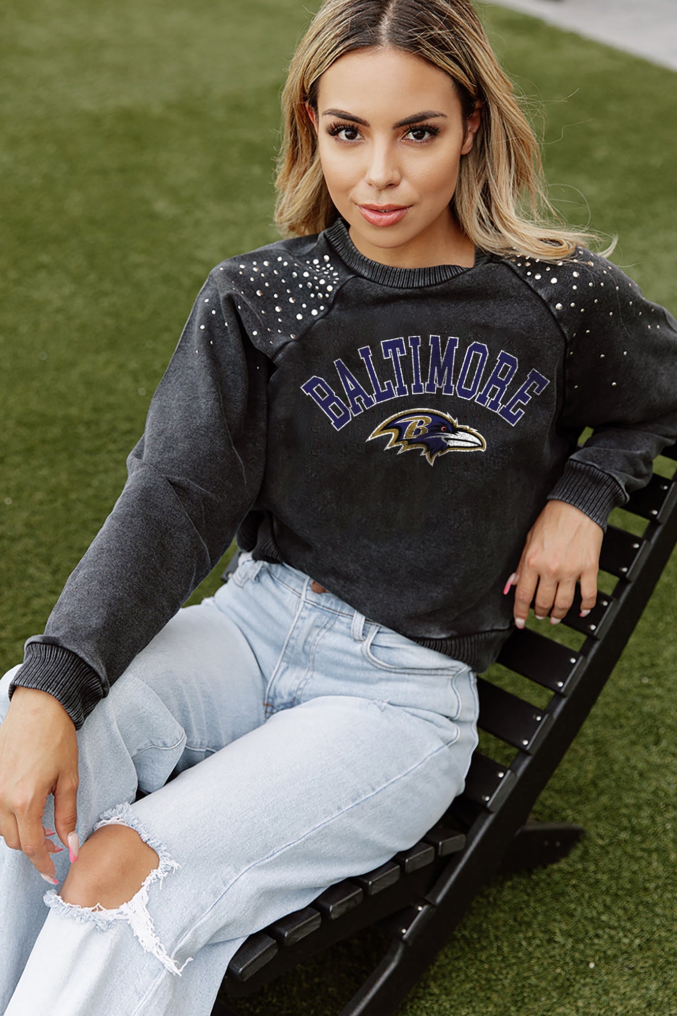 BALTIMORE RAVENS COUTURE CREW FRENCH TERRY VINTAGE WASH STUDDED SHOULDER  DETAIL LONG SLEEVE PULLOVER