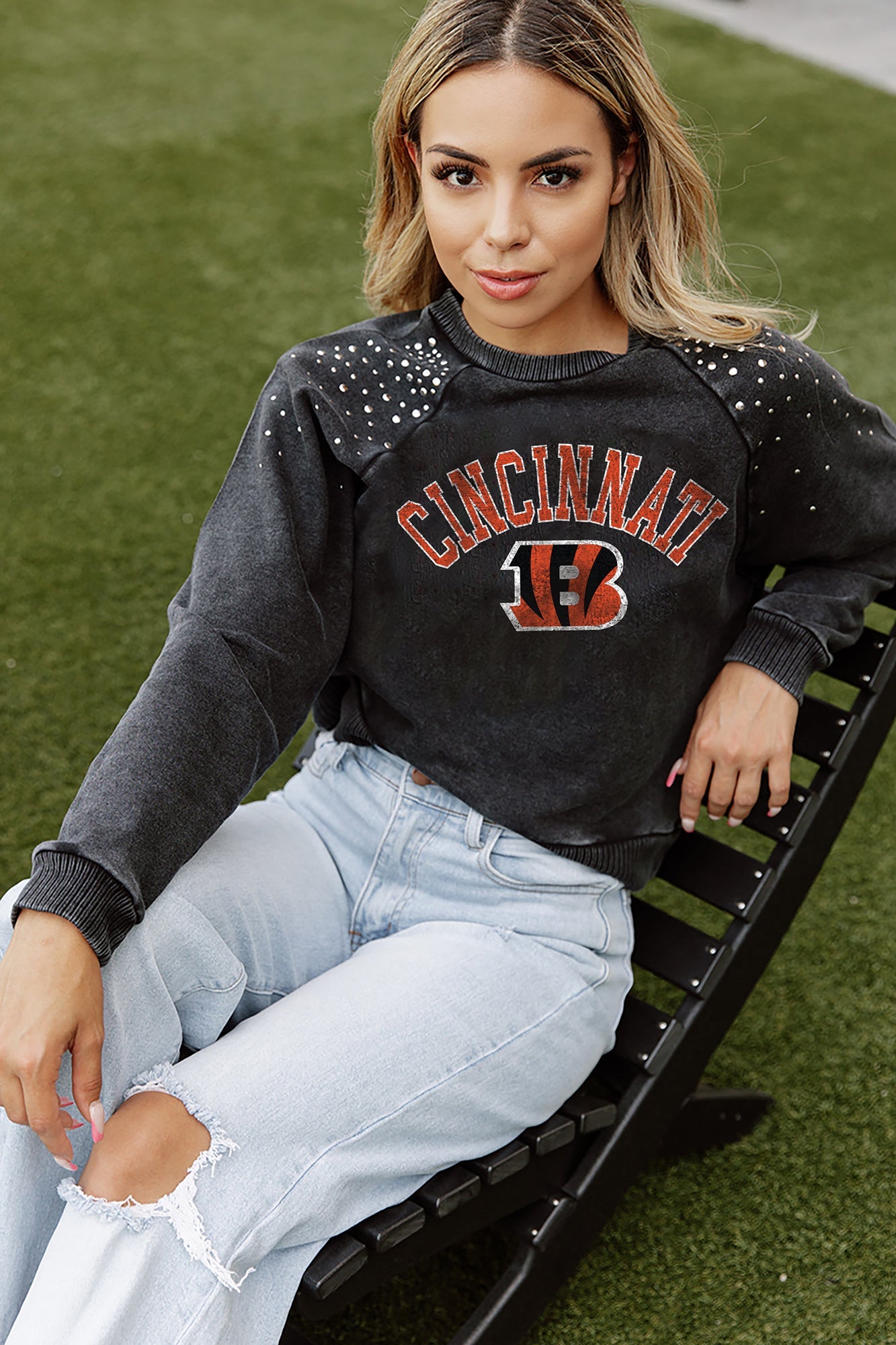 Women's Gameday Couture Charcoal Cincinnati Bengals French Terry Studded  Shoulder Pullover Sweatshirt