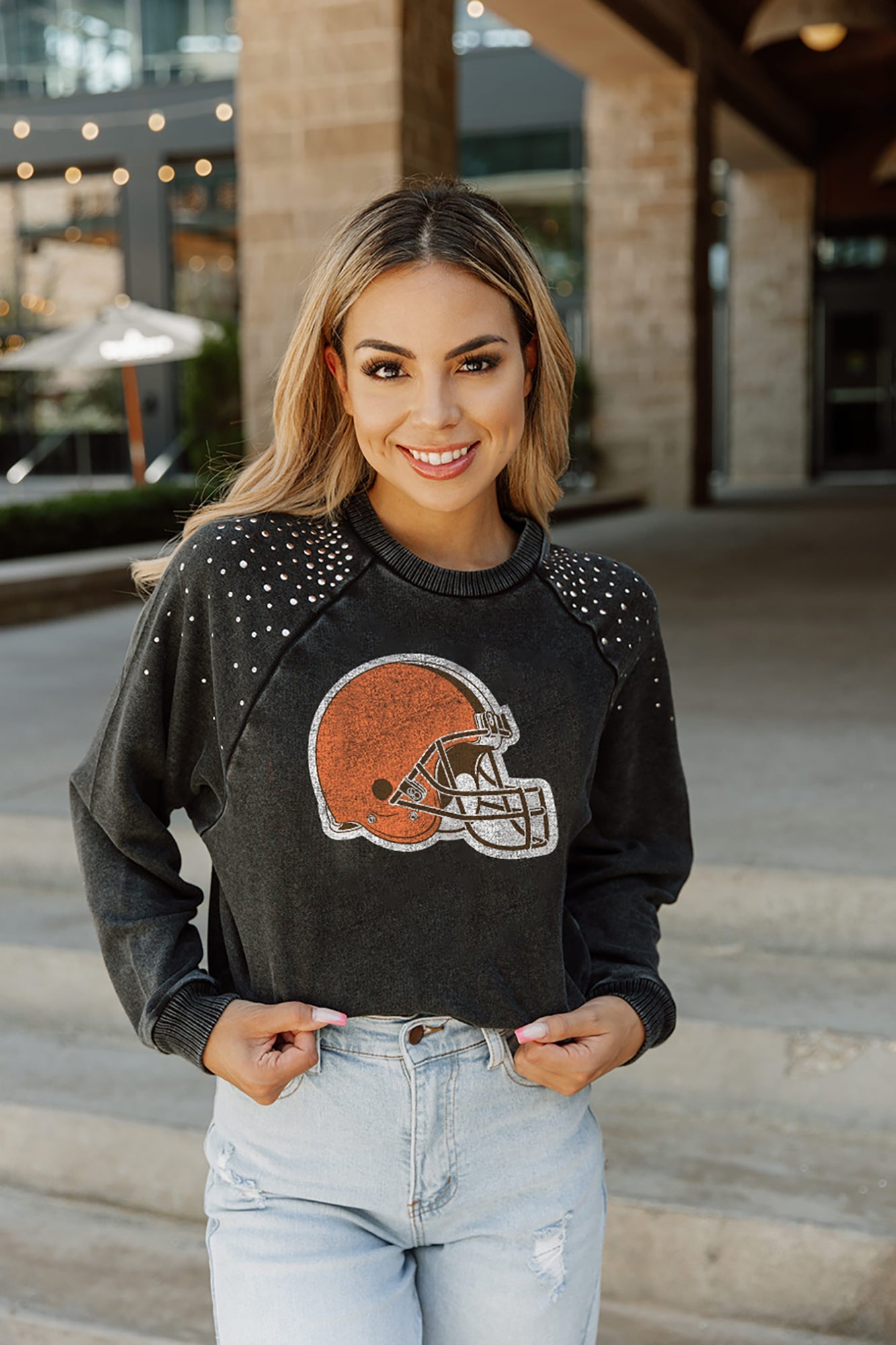 Women's Gameday Couture Gray Cleveland Browns Gladiator Studded Sleeve Cropped T-Shirt Size: Medium