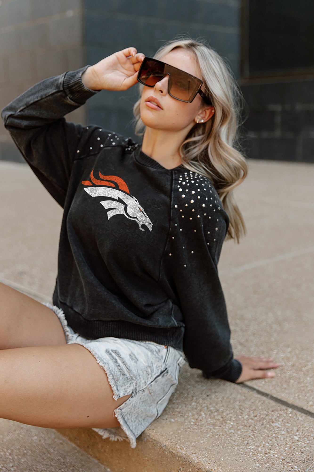 DENVER BRONCOS COUTURE CREW FRENCH TERRY VINTAGE WASH STUDDED