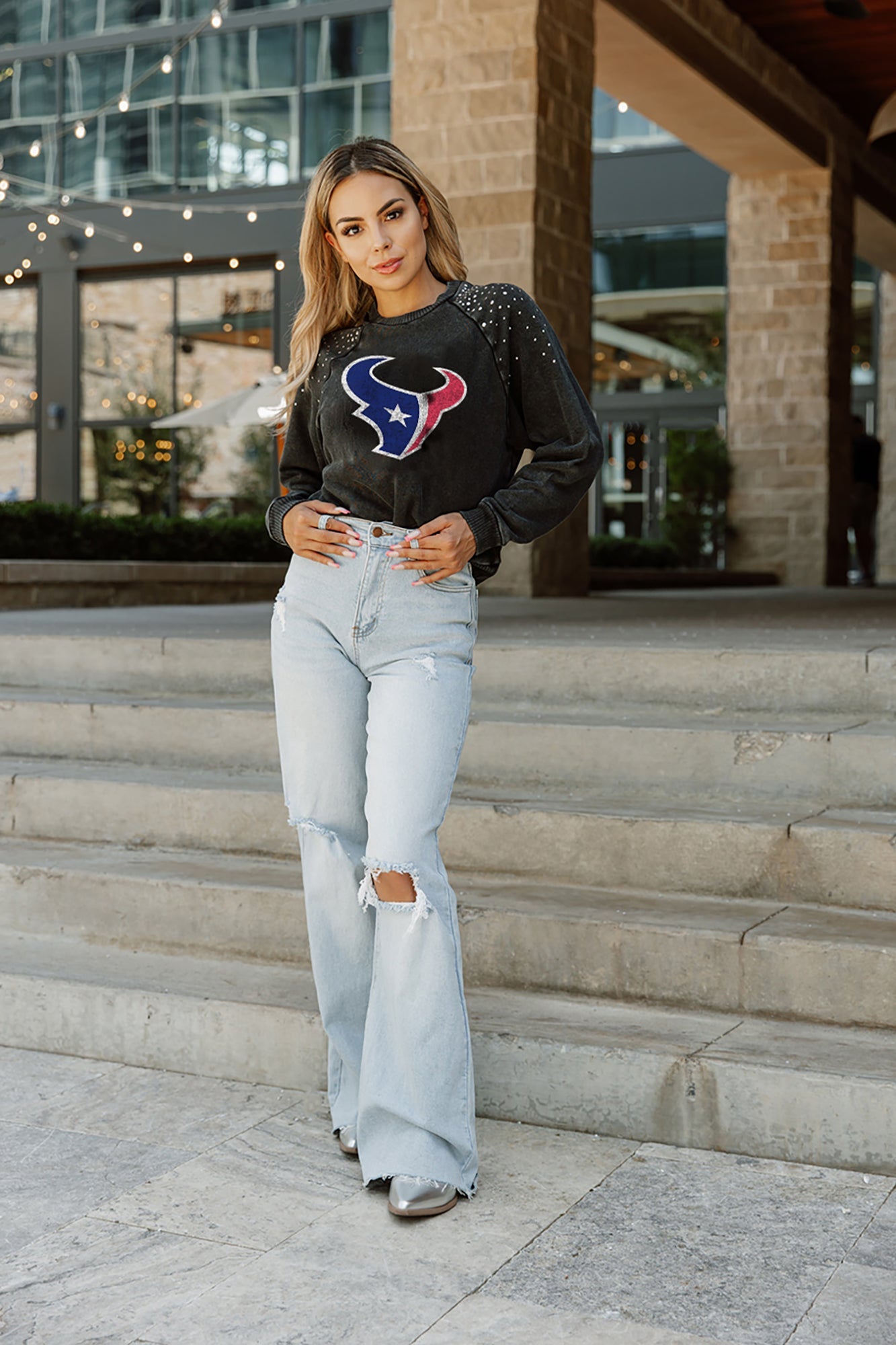 Women's Gameday Couture Charcoal Houston Texans French Terry Studded Shoulder Pullover Sweatshirt Size: Large