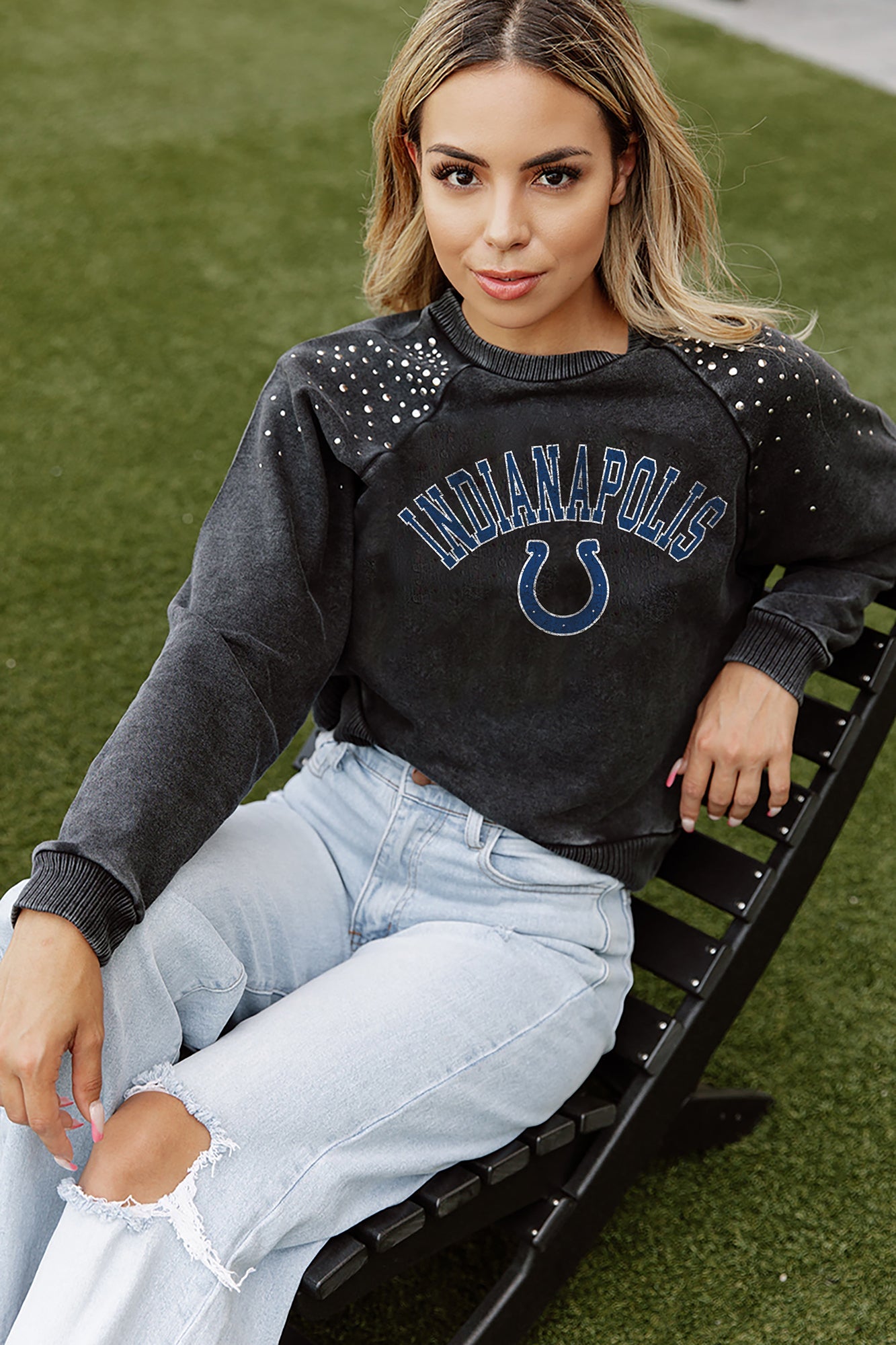 Women's Gameday Couture Charcoal Indianapolis Colts Touchdown French Terry Studded Shoulder Pullover Sweatshirt Size: Extra Large