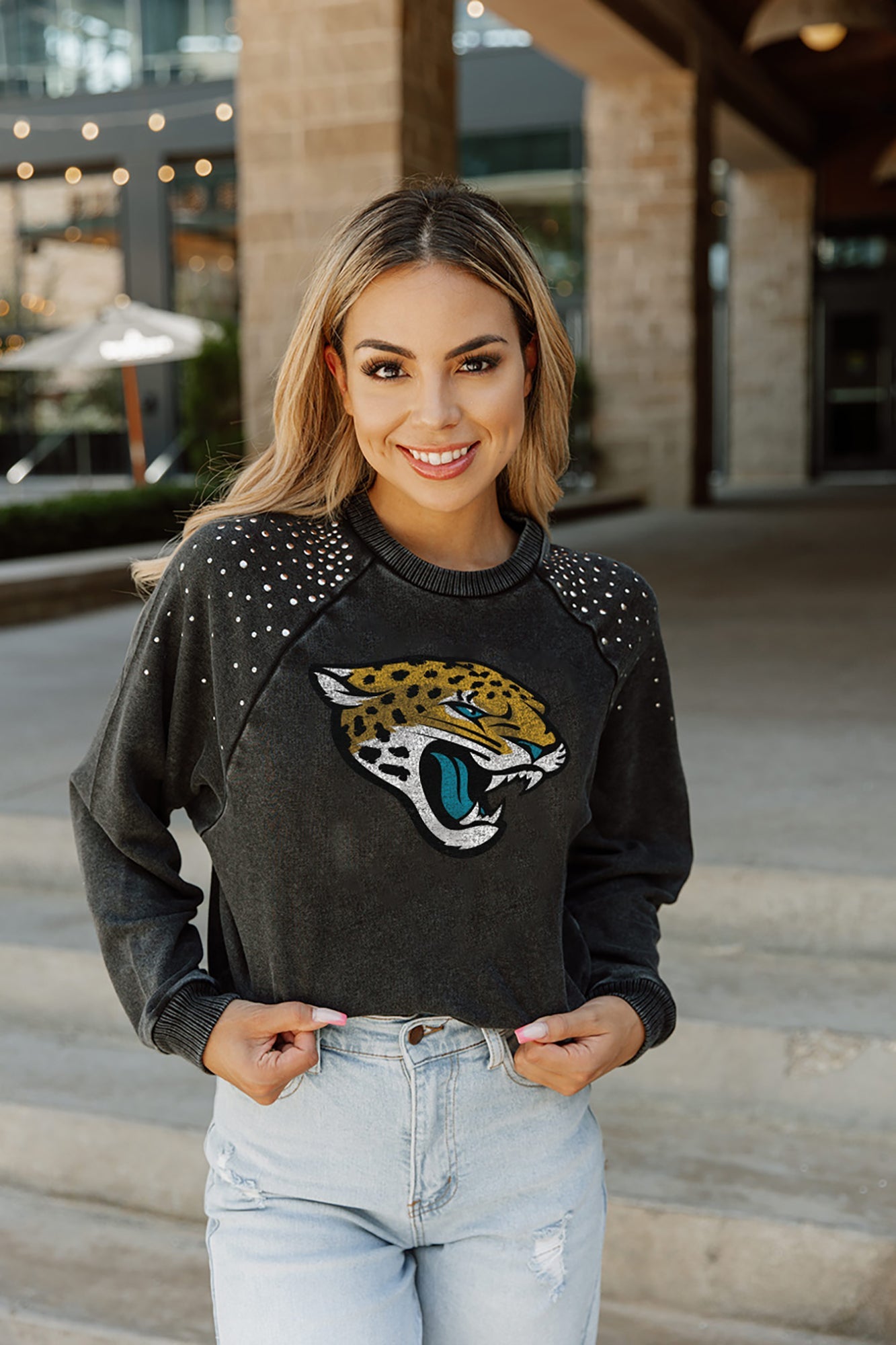 JACKSONVILLE JAGUARS VALKYRIE SHORT SLEEVE RUFFLE SLEEVE SLUB KNIT TOP