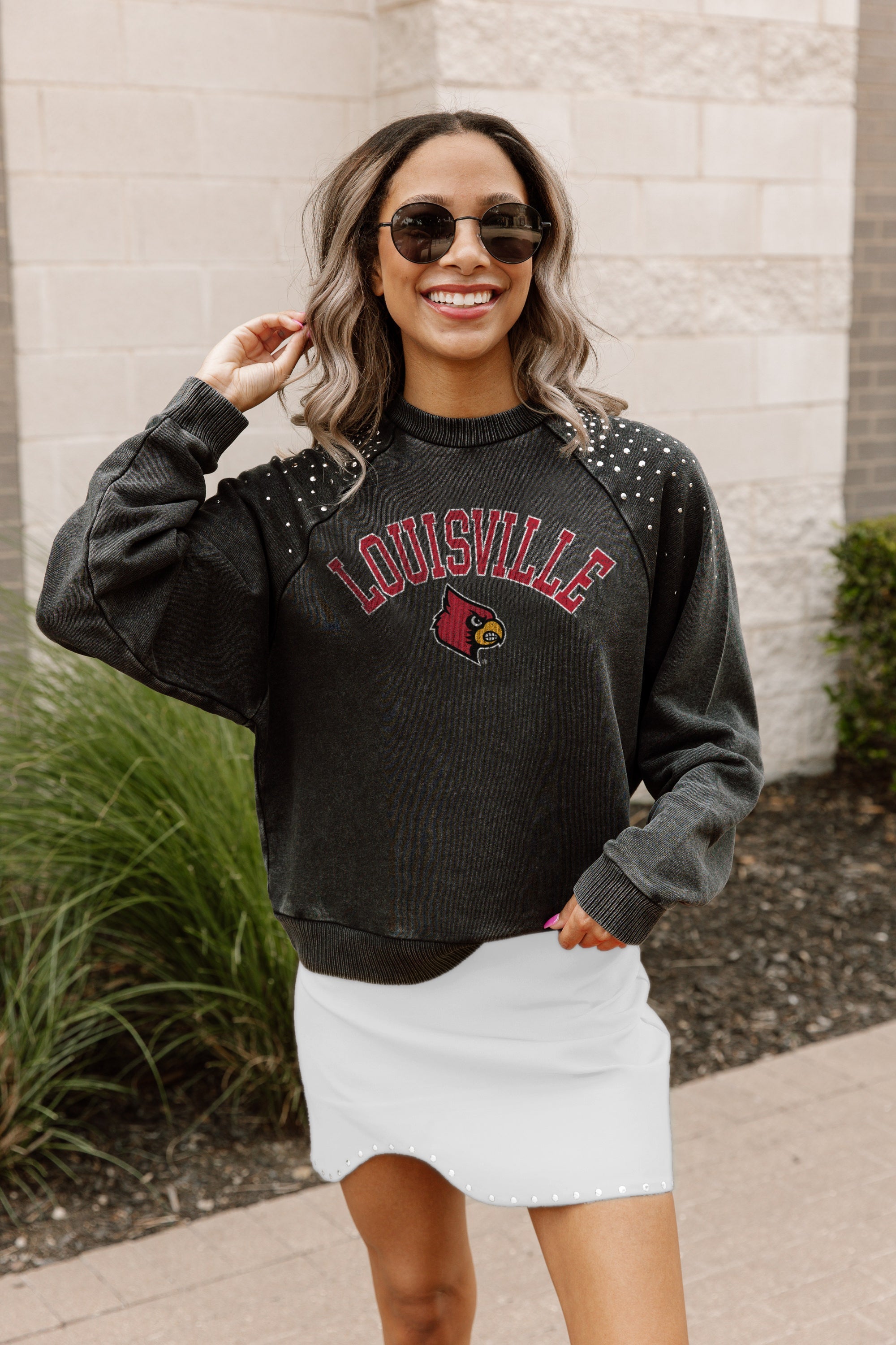 Louisville Cardinals Gameday Couture Women's Don't Blink Studded Cropped  Sweatshirt - Charcoal