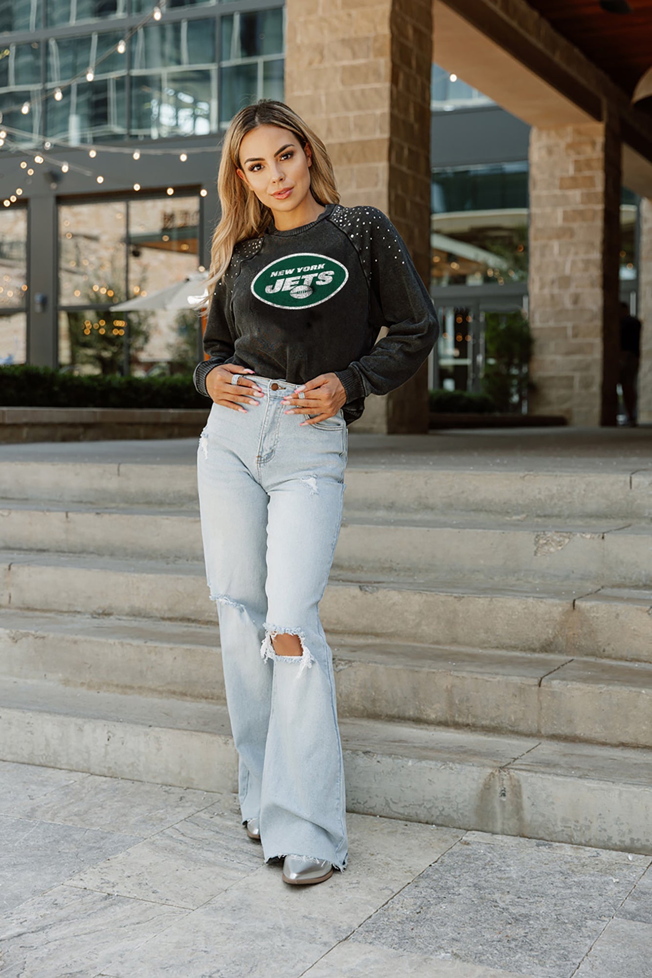 NEW YORK JETS COUTURE CREW FRENCH TERRY VINTAGE WASH STUDDED SHOULDER  DETAIL LONG SLEEVE PULLOVER