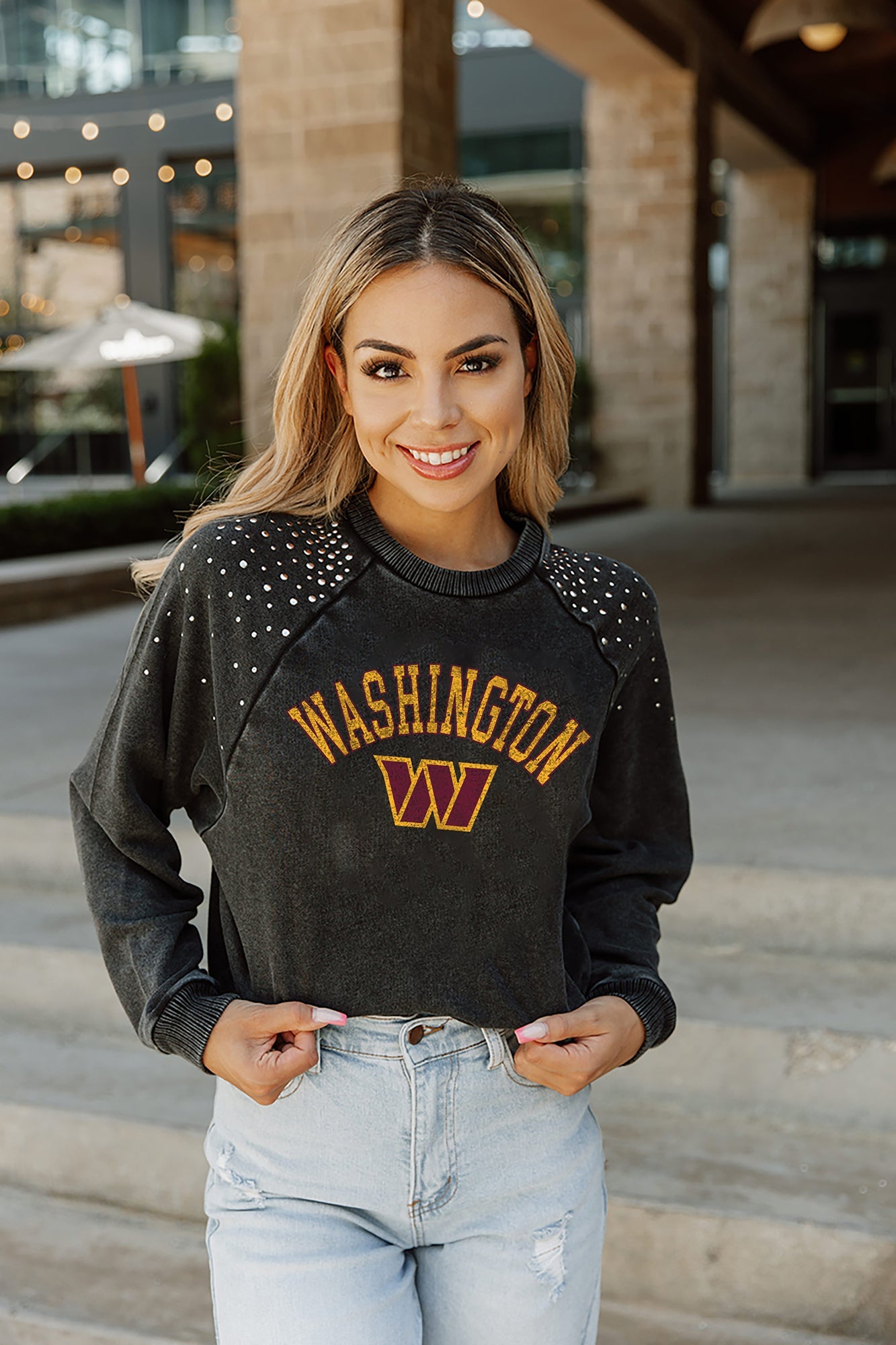 WASHINGTON COMMANDERS TOUCHDOWN FRENCH TERRY VINTAGE WASH STUDDED SHOULDER  DETAIL LONG SLEEVE PULLOVER