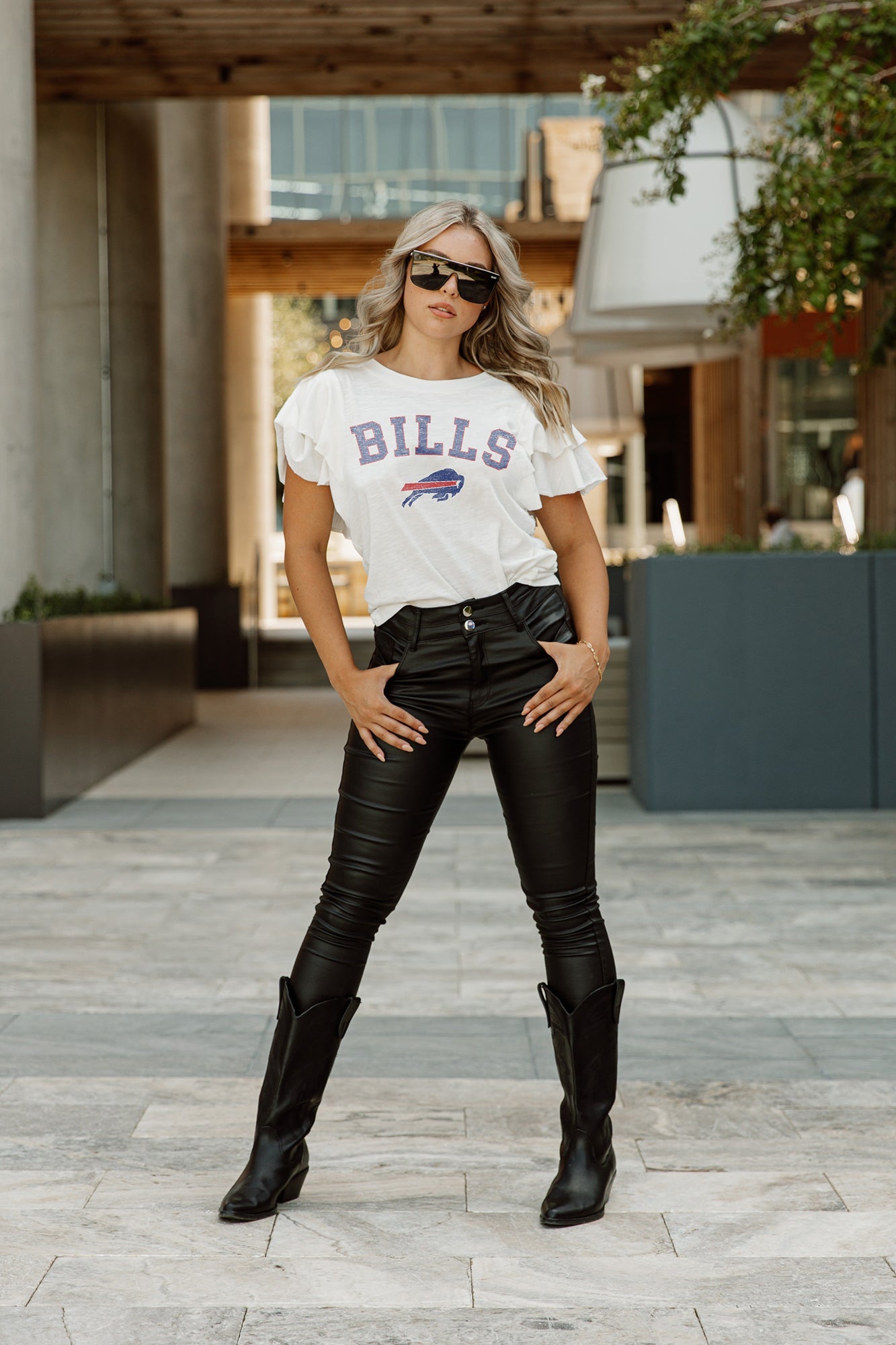 BUFFALO BILLS VALKYRIE SHORT SLEEVE RUFFLE SLEEVE SLUB KNIT TOP