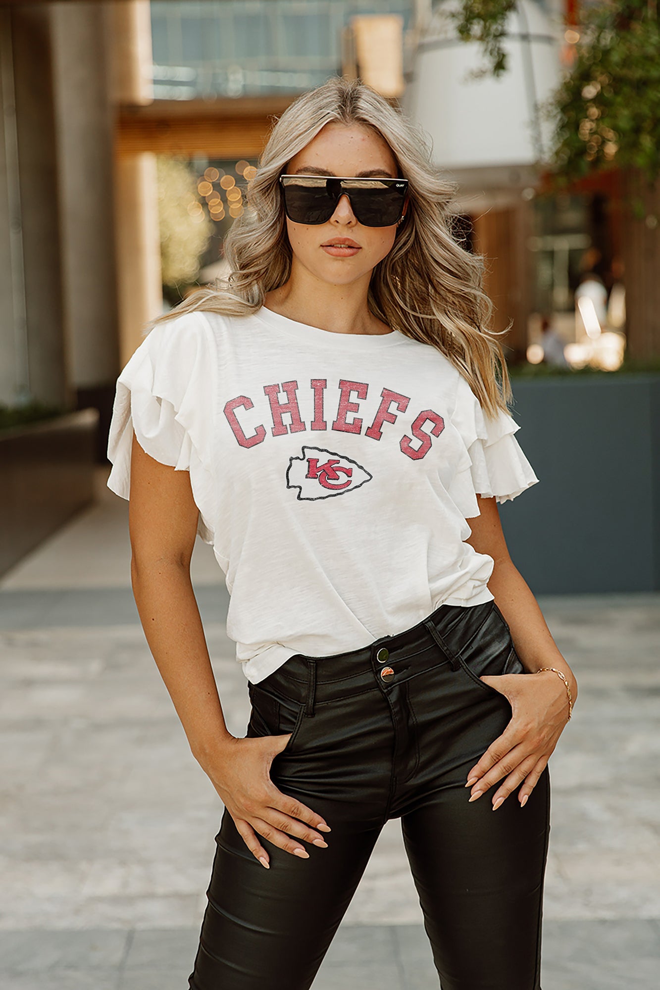 GC x NFL Kansas City Chiefs Valkyrie Short Sleeve Ruffle Sleeve Slub Knit Top XXL / White