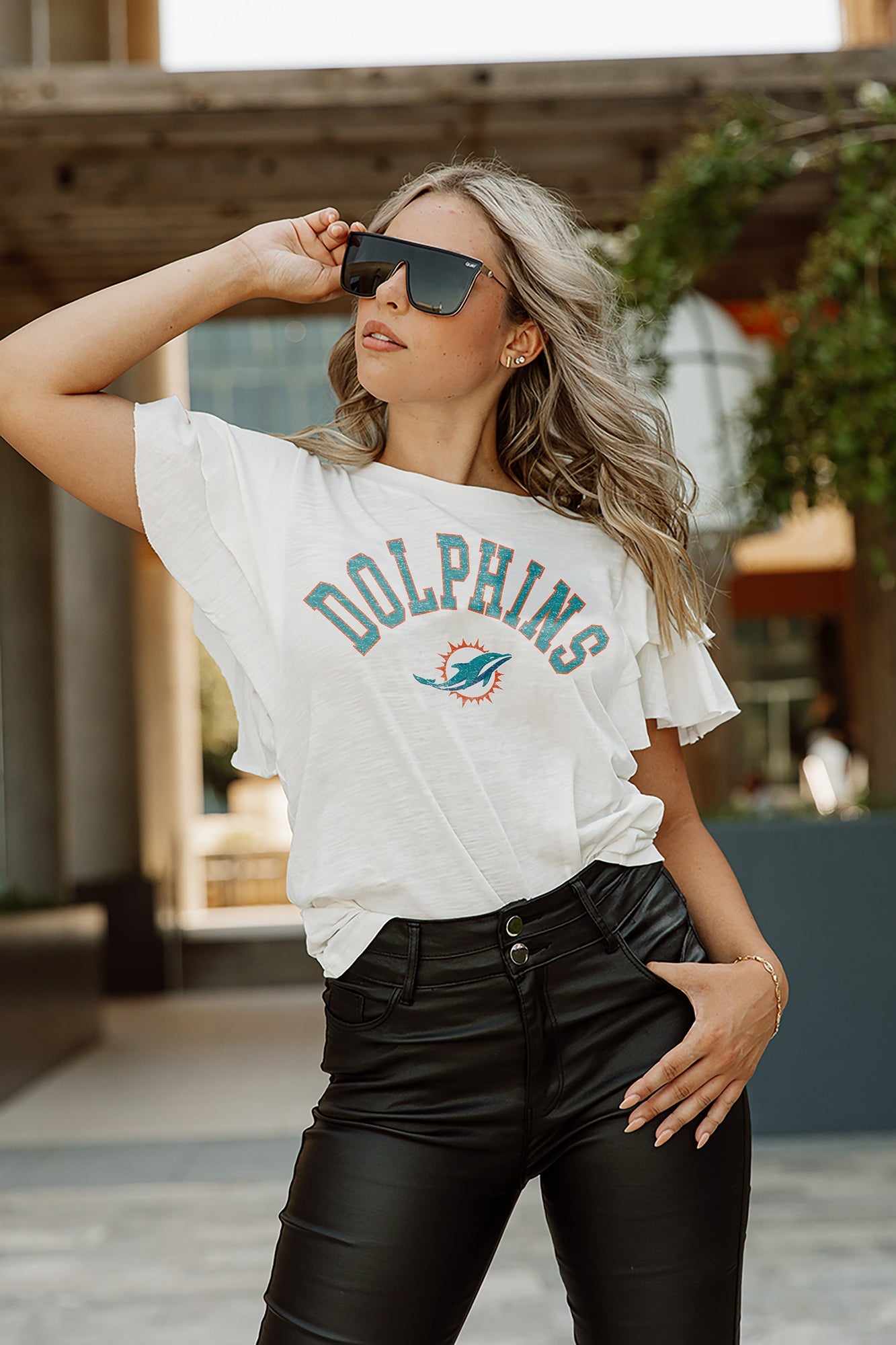 MIAMI DOLPHINS VALKYRIE SHORT SLEEVE RUFFLE SLEEVE SLUB KNIT TOP