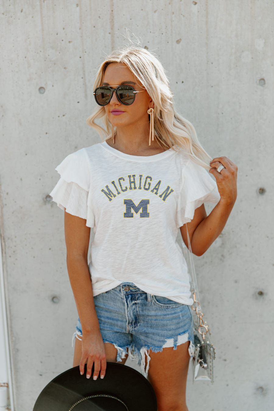 MICHIGAN WOLVERINES ALL IN TO WIN FLUTTER SLEEVE CREWNECK TOP