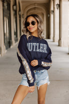 BUTLER BULLDOGS GUESS WHO'S BACK SEQUIN YOKE PULLOVER