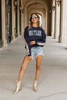 BUTLER BULLDOGS GUESS WHO'S BACK SEQUIN YOKE PULLOVER