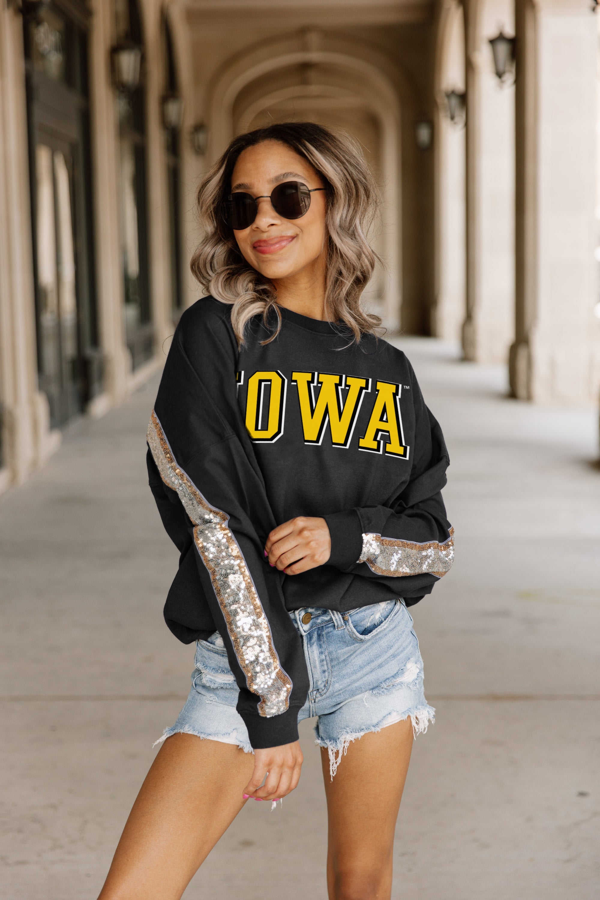 IOWA HAWKEYES GUESS WHO'S BACK SEQUIN YOKE PULLOVER