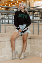 NEW YORK JETS GAMEDAY GLITZ LONG SLEEVE TEE WITH SEQUIN TRIM BACK AND SLEEVE DETAIL