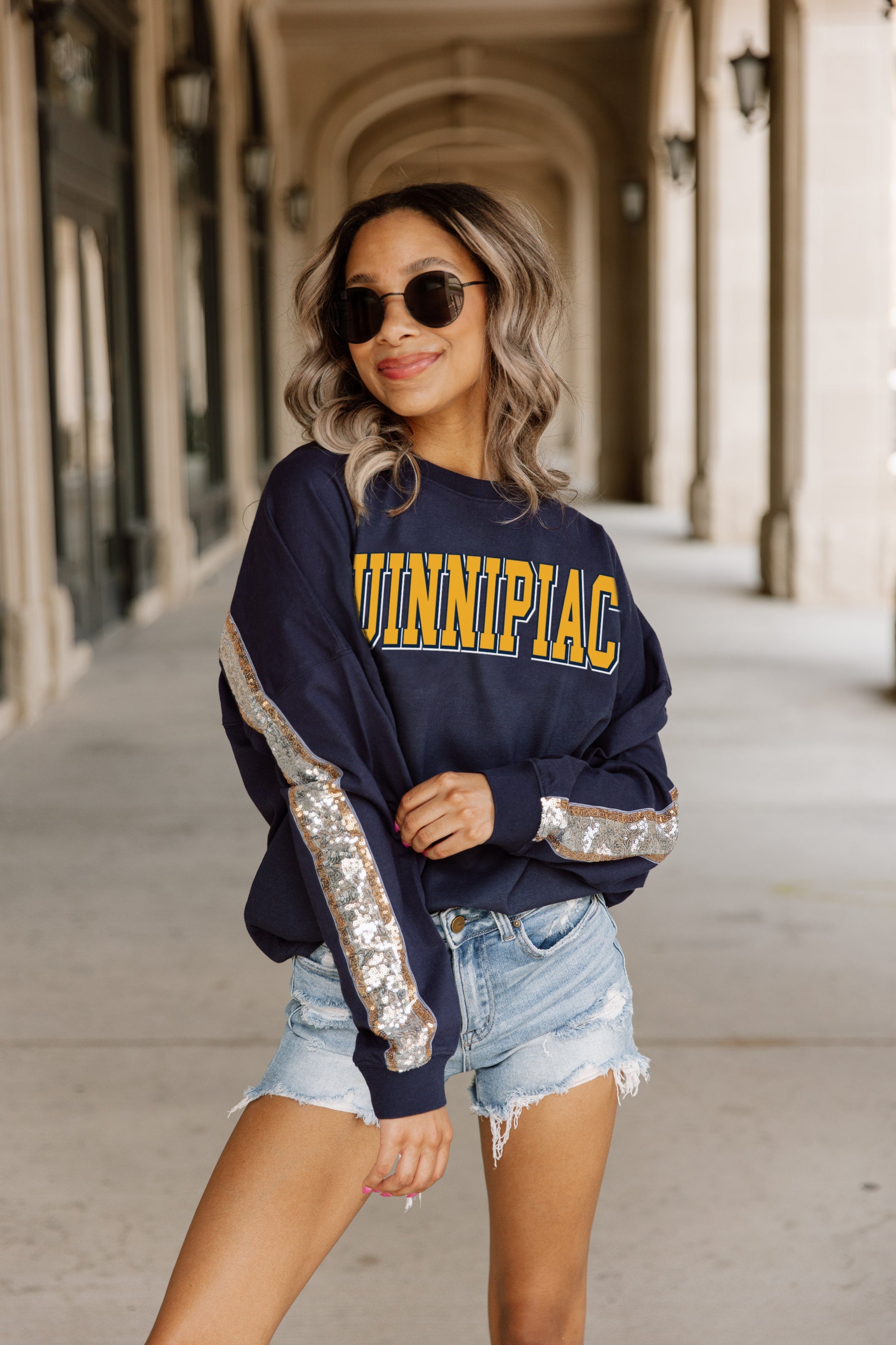 QUINNIPIAC BOBCATS GUESS WHO'S BACK SEQUIN YOKE PULLOVER