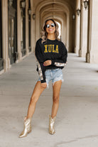 XAVIER UNIVERSITY OF LOUISIANA GOLD GUESS WHO'S BACK SEQUIN YOKE PULLOVER