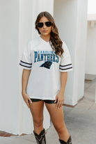 CAROLINA PANTHERS TOP RECRUIT SPORTY V-NECK OVERSIZED SIDE SLIT SHORT SLEEVE TOP