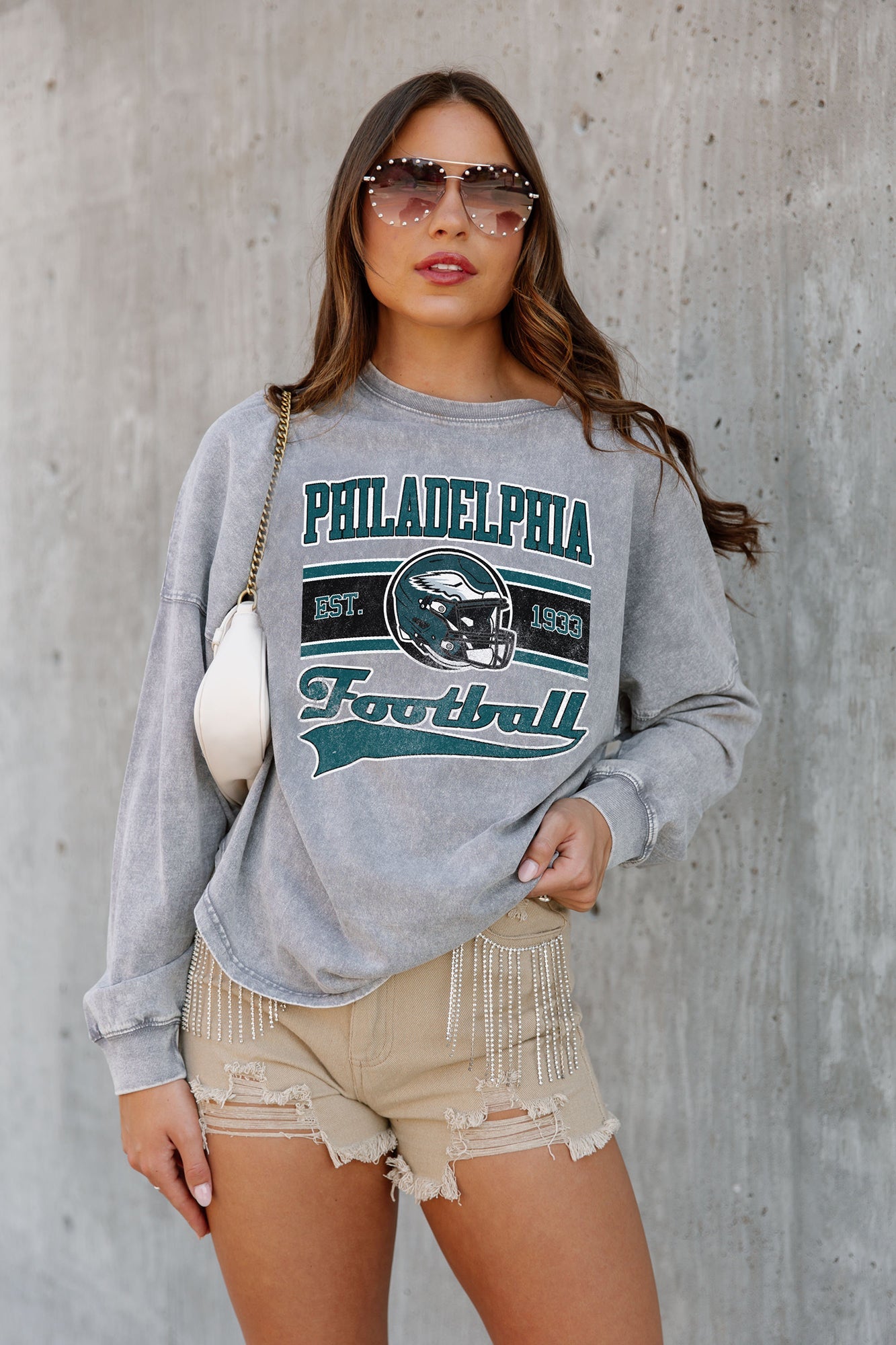 PHILADELPHIA EAGLES COUTURE CREW FRENCH TERRY VINTAGE WASH STUDDED SHO