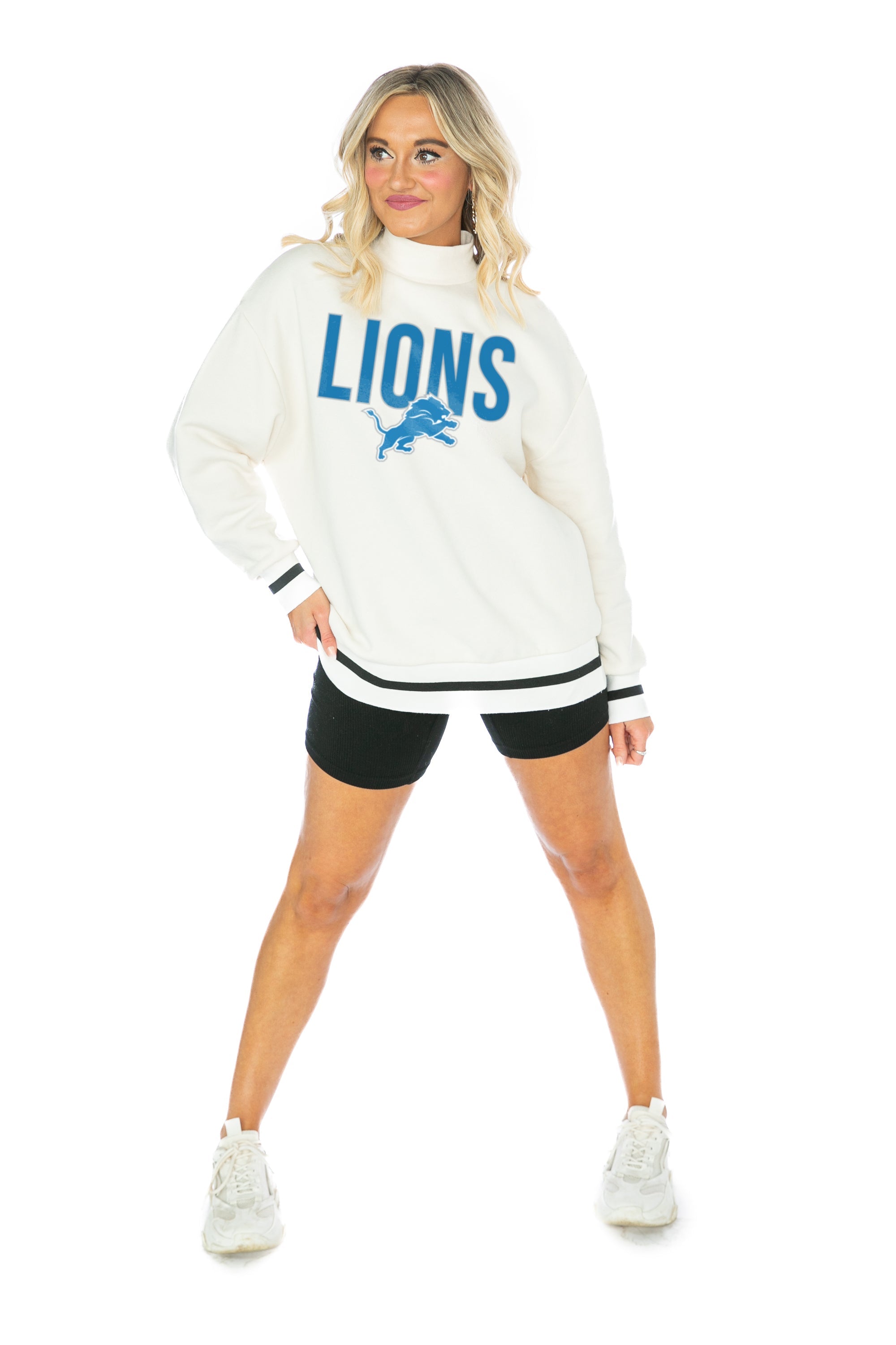 GC x NFL Detroit Lions End Zone Envy Mock Neck Fleece Long Sleeve Pullover with Striped Stretch Cuff and Waistband L / White