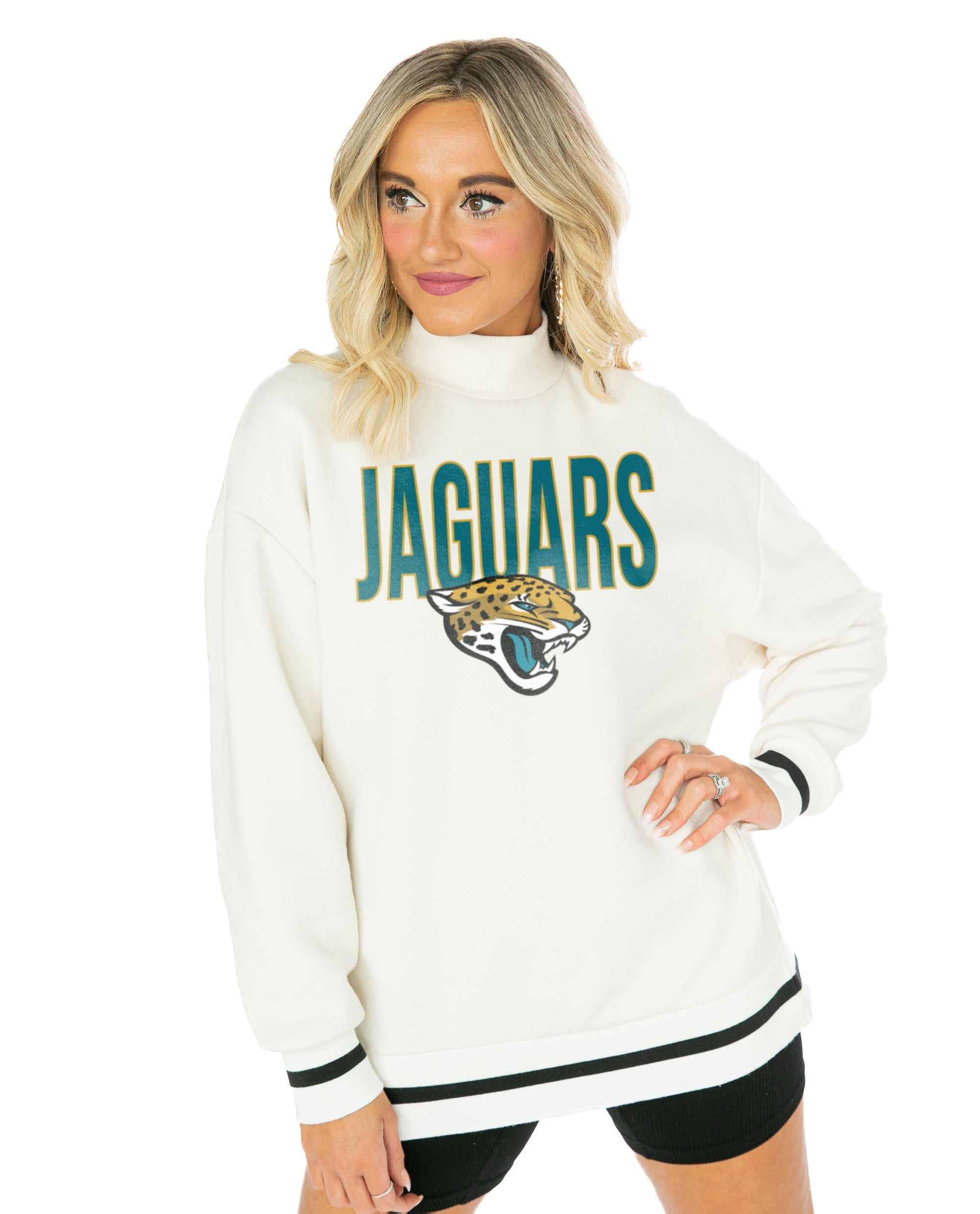 Women's Jacksonville Jaguars Gameday Couture White End Zone Envy Mock Neck  Fleece Pullover Sweatshirt