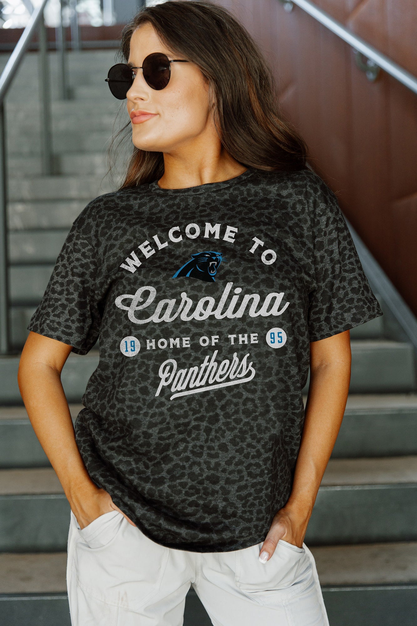 CAROLINA PANTHERS WILDCAT BLITZ SHORT SLEEVE TONAL LEOPARD PRINT TEE