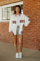 OKLAHOMA SOONERS VARSITY STRIPES ADULT TEXTURED MIDWEIGHT SNAP JACKET BY MADI PREWETT