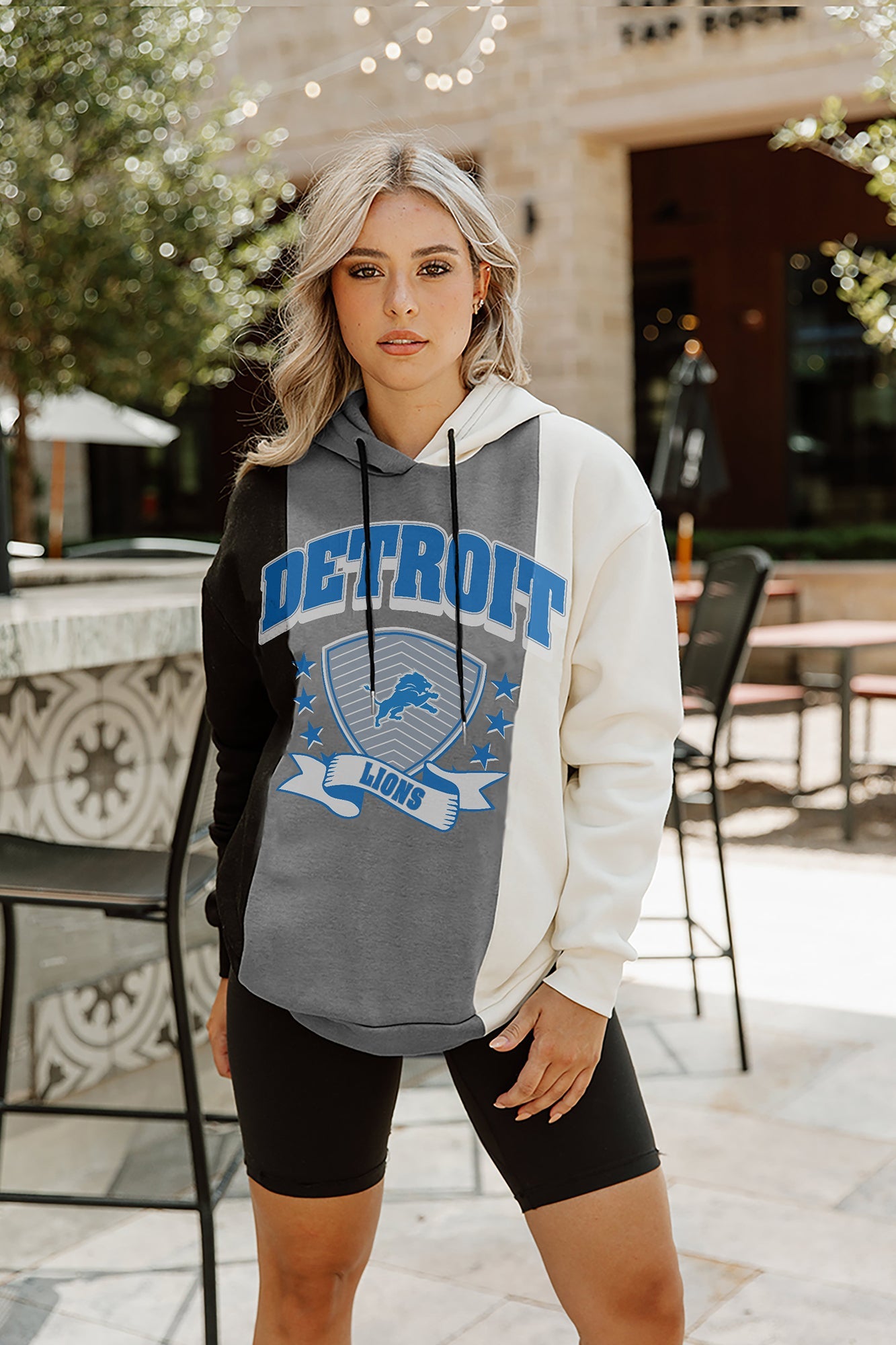 Women's Gameday Couture Black/White Detroit Lions Take The Field Tri-Color  Block Fleece Pullover Hoodie