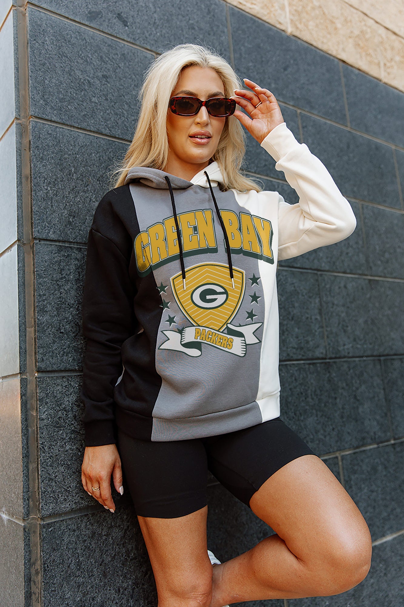 Women's Gameday Couture Black/White Green Bay Packers Take The Field Tri-Color Block Fleece Pullover Hoodie Size: 2XL