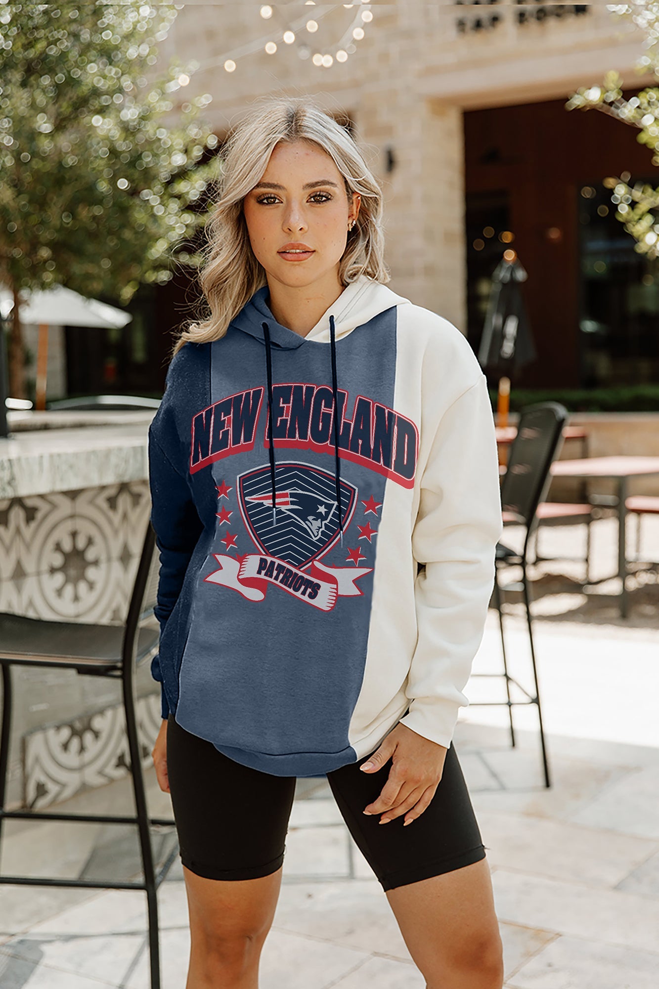 NEW ENGLAND PATRIOTS TAKE THE FIELD TRI-COLOR BLOCK HOODED FLEECE PULLOVER
