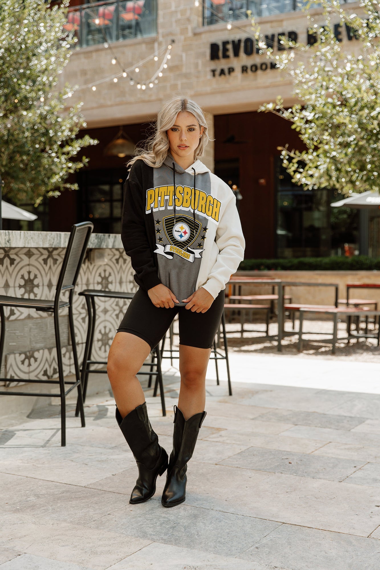 Women's Gameday Couture Black/White Pittsburgh Steelers Take The Field Tri-Color Block Fleece Pullover Hoodie Size: Small