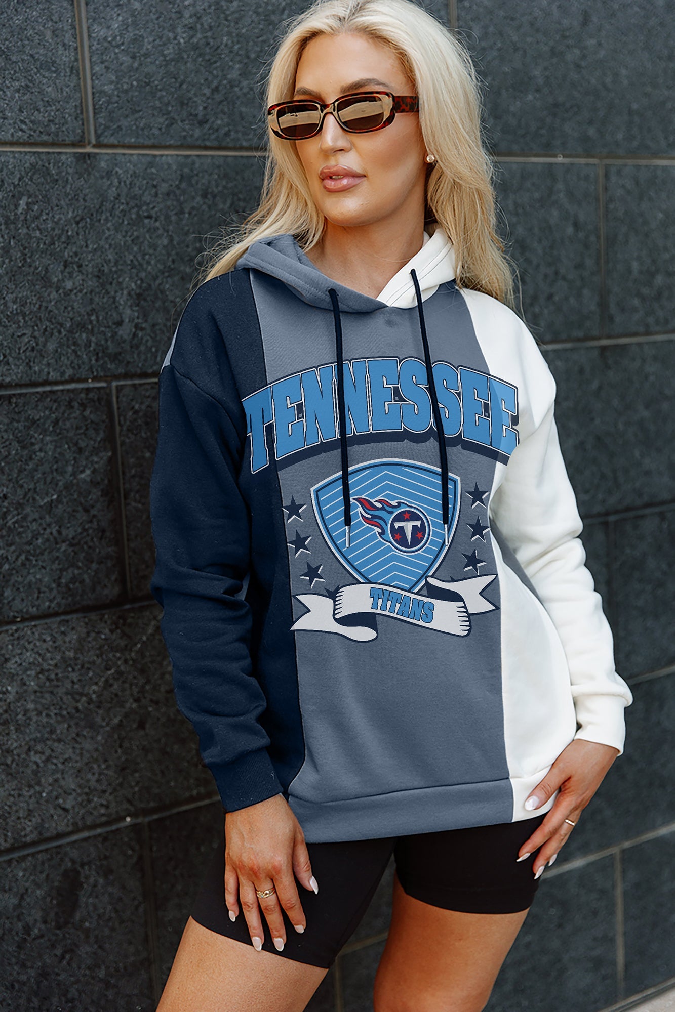 Tennessee Titans Gameday Couture Women's Take The Field Tri-Color Block  Fleece Pullover Hoodie - Navy/White