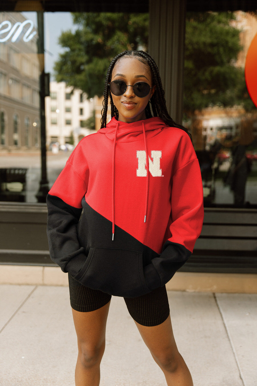 NEBRASKA CORNHUSKERS MATCHMAKER ADULT DIAGONAL BLOCK HOODED FLEECE PULLOVER