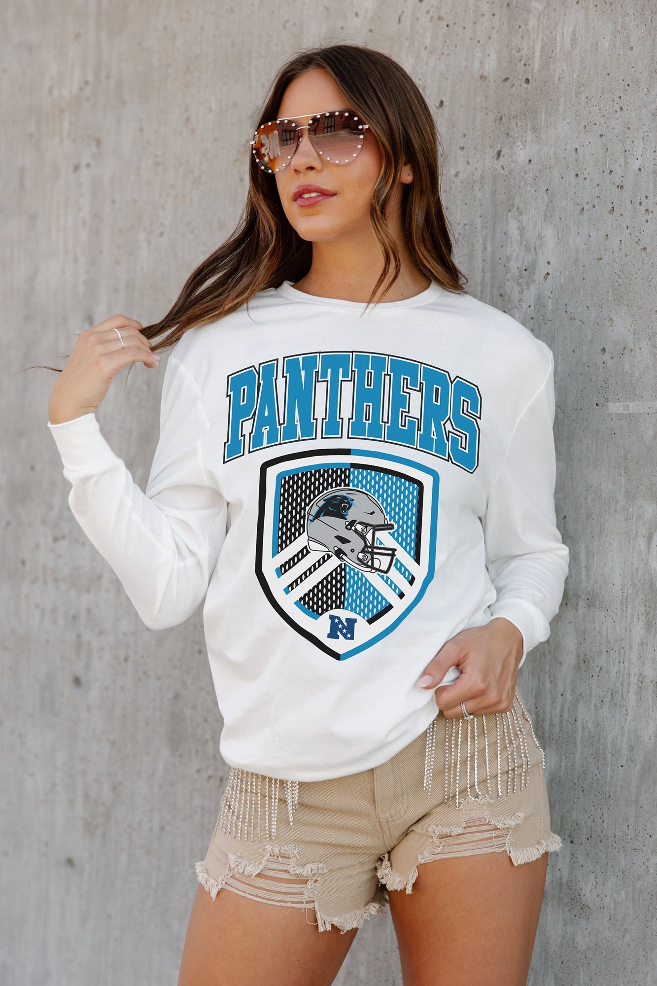 CAROLINA PANTHERS PUSHING THE LIMIT BOYFRIEND FIT LONG SLEEVE TEE