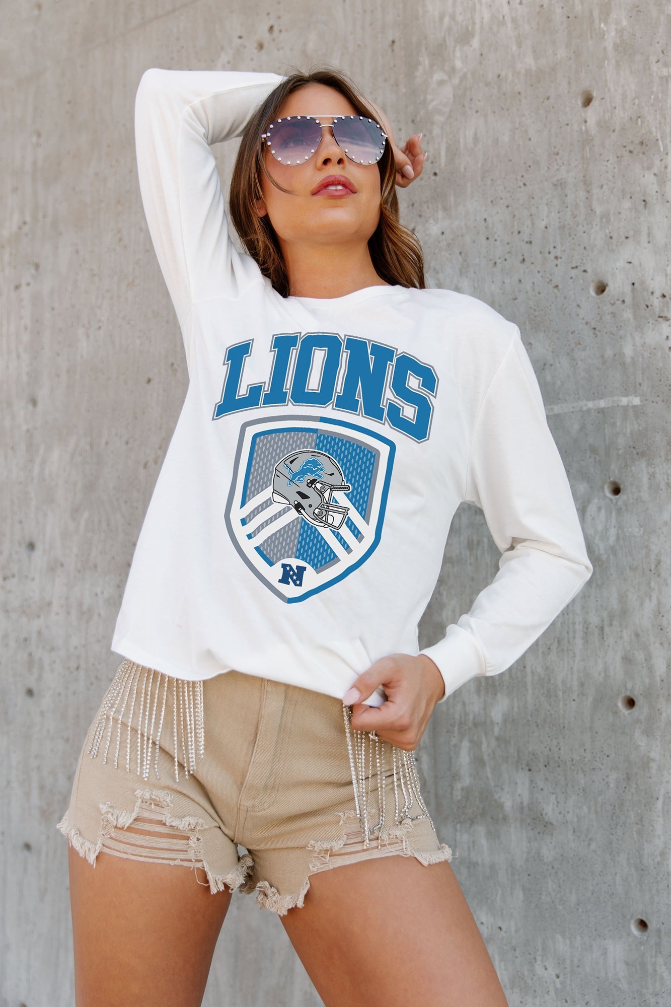 DETROIT LIONS PUSHING THE LIMIT BOYFRIEND FIT LONG SLEEVE TEE