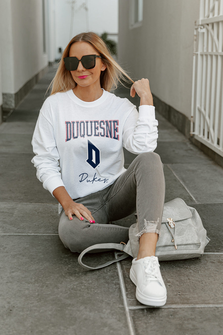 DUQUESNE UNIVERSITY DUKES WILD GAME BOYFRIEND FIT LONG SLEEVE TEE