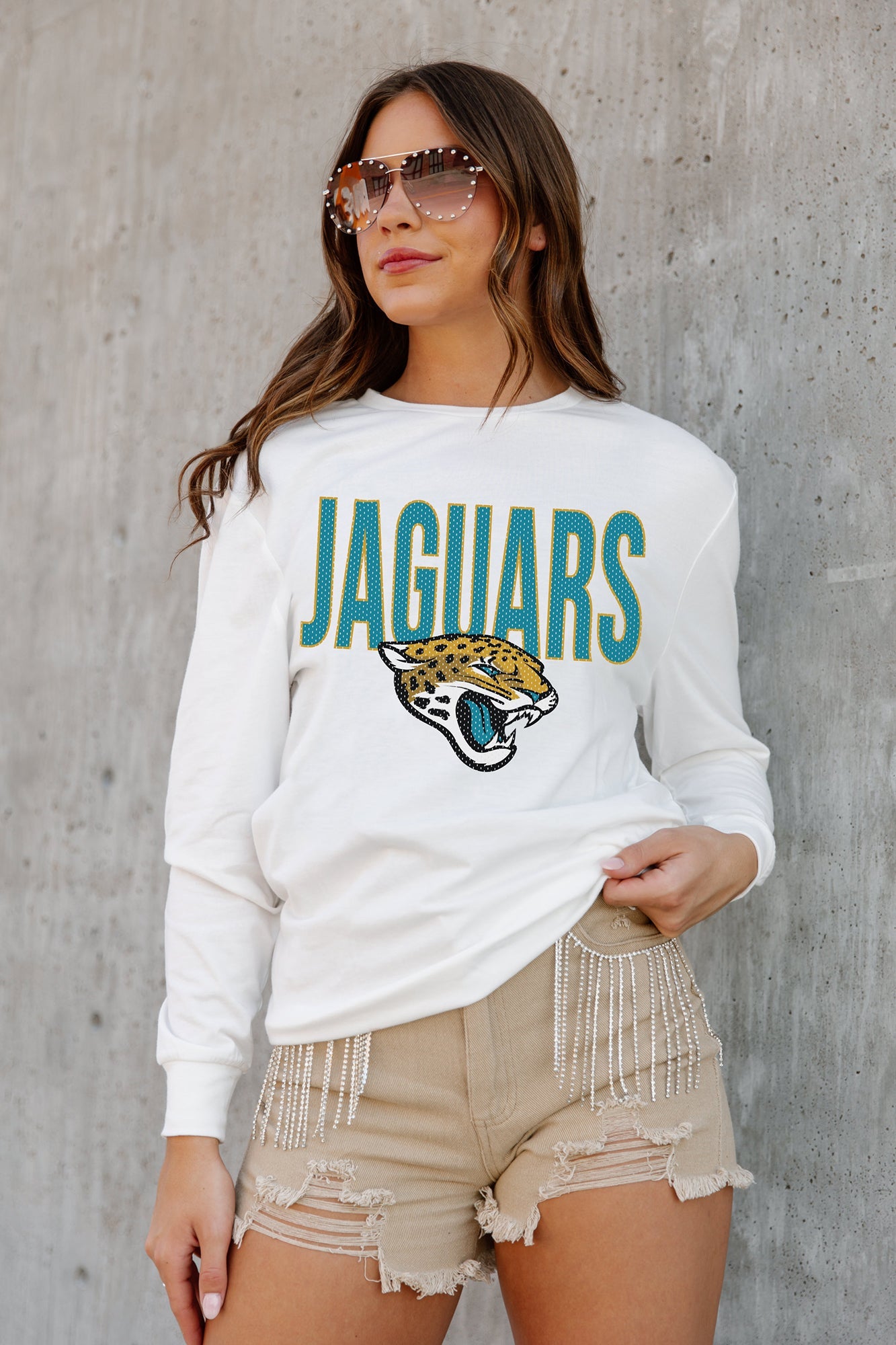 Jacksonville Jaguars Gameday Couture Women's Elite Elegance Studded Sleeve  Cropped T-Shirt - Black