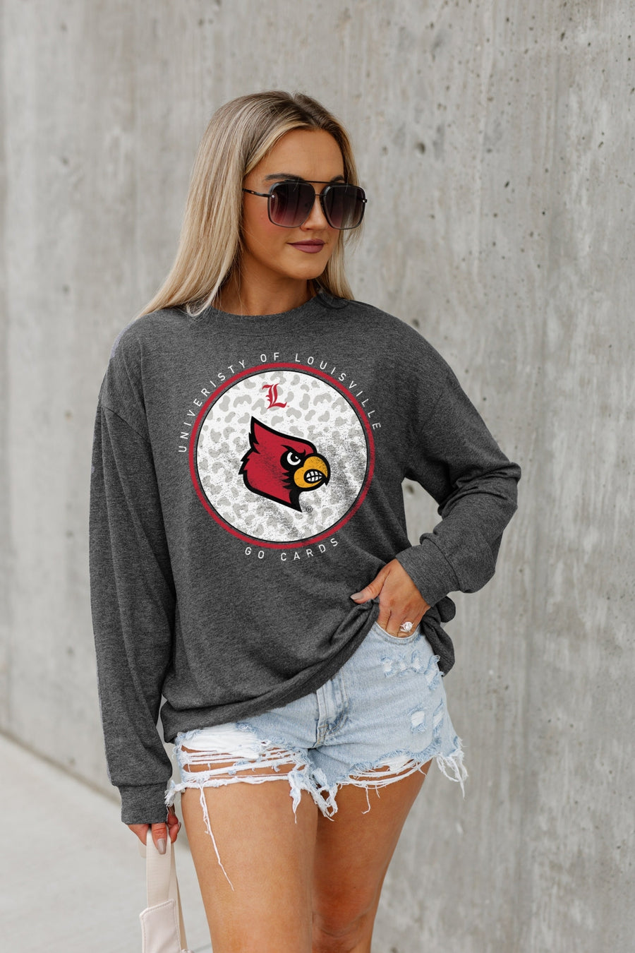 Women's Gameday Couture Gray Louisville Cardinals Faded Wash Pullover Sweatshirt