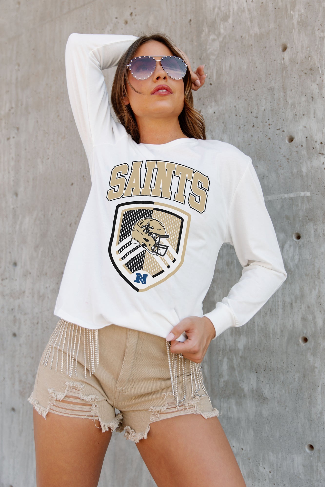 NEW ORLEANS SAINTS PUSHING THE LIMIT BOYFRIEND FIT LONG SLEEVE TEE