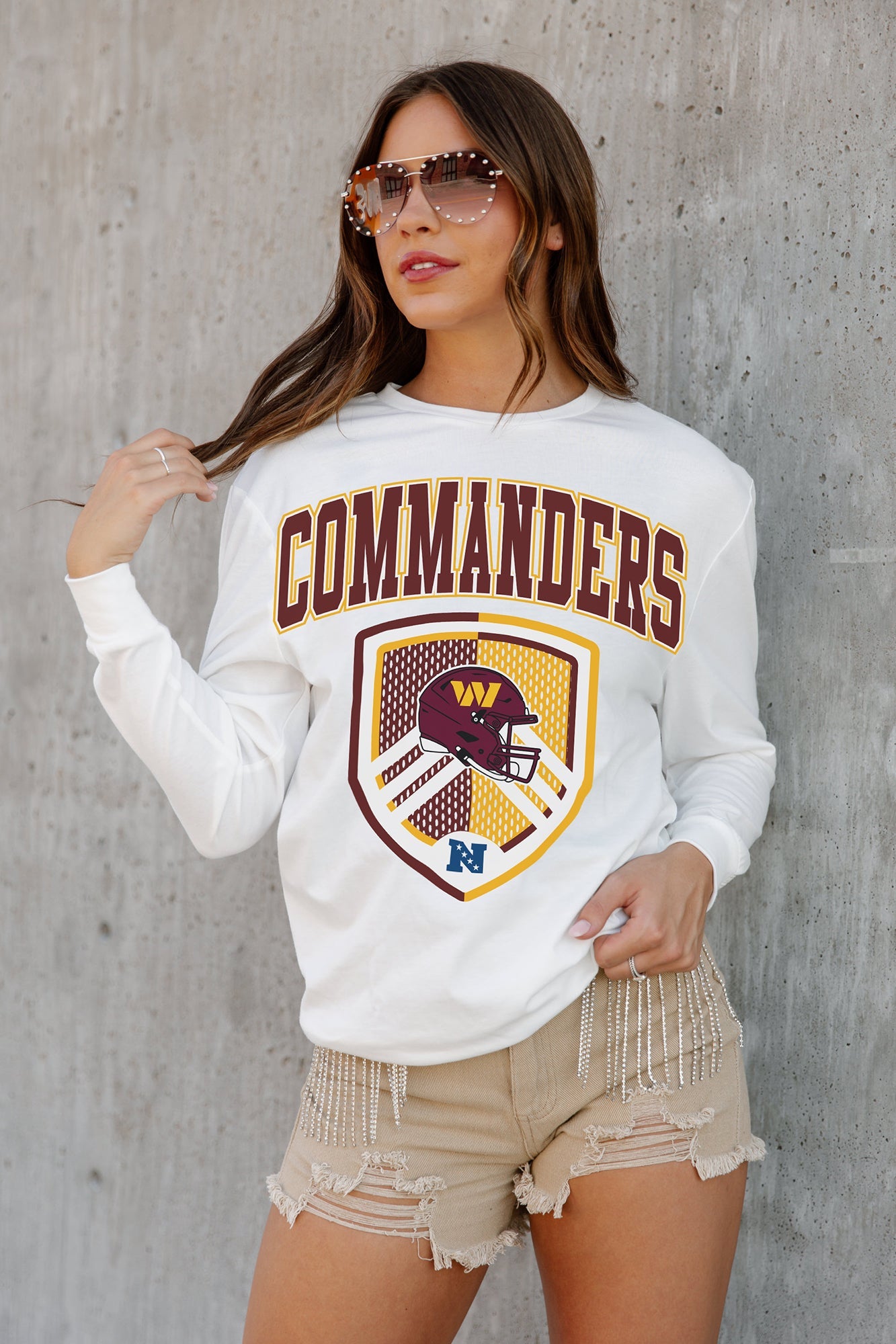 WASHINGTON COMMANDERS PUSHING THE LIMIT BOYFRIEND FIT LONG SLEEVE TEE