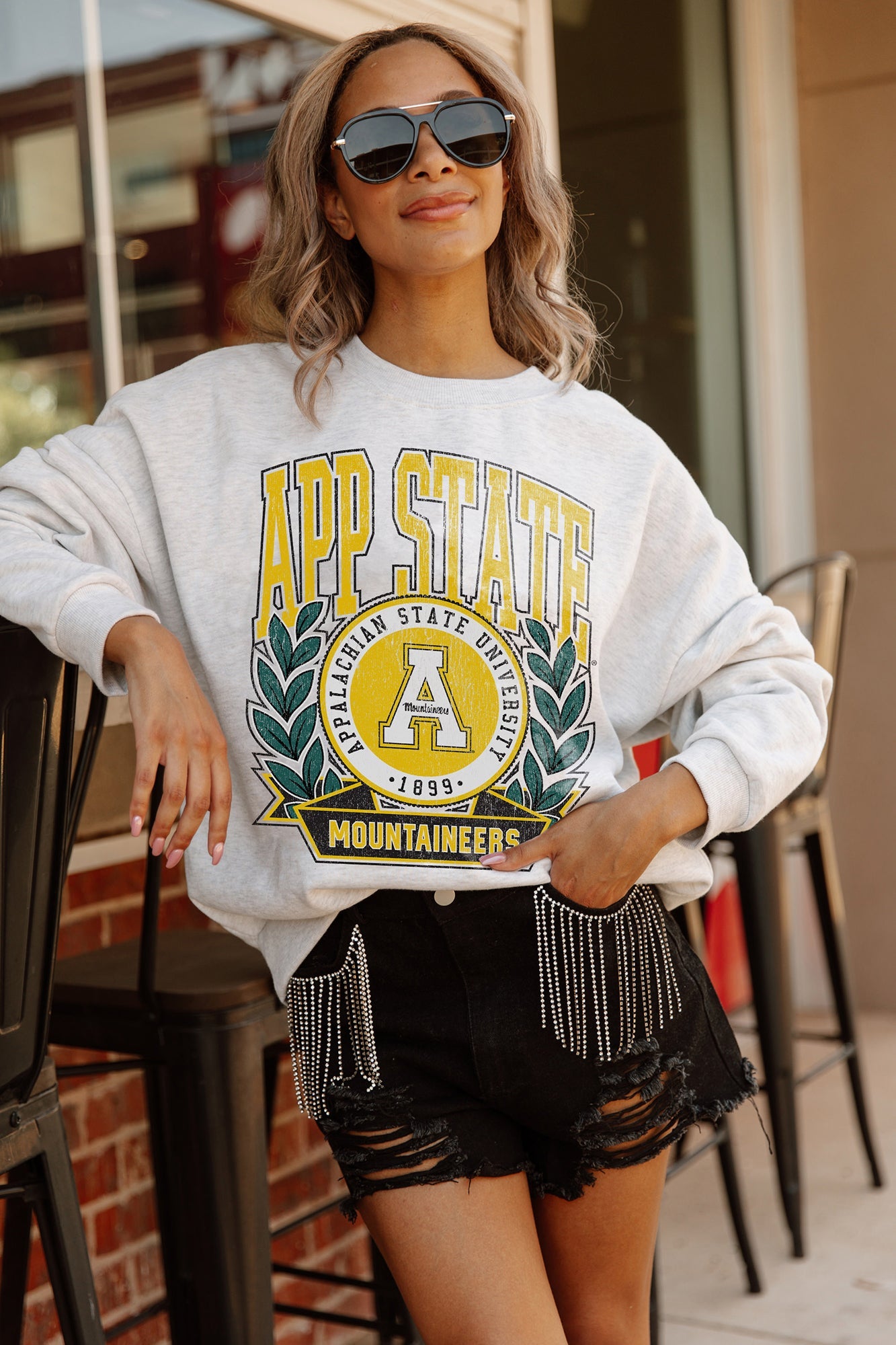 APPALACHIAN STATE MOUNTAINEERS GO FIGHT WIN PREMIUM FLEECE DROP SHOULDER CREWNECK PULLOVER BY MADI PREWETT