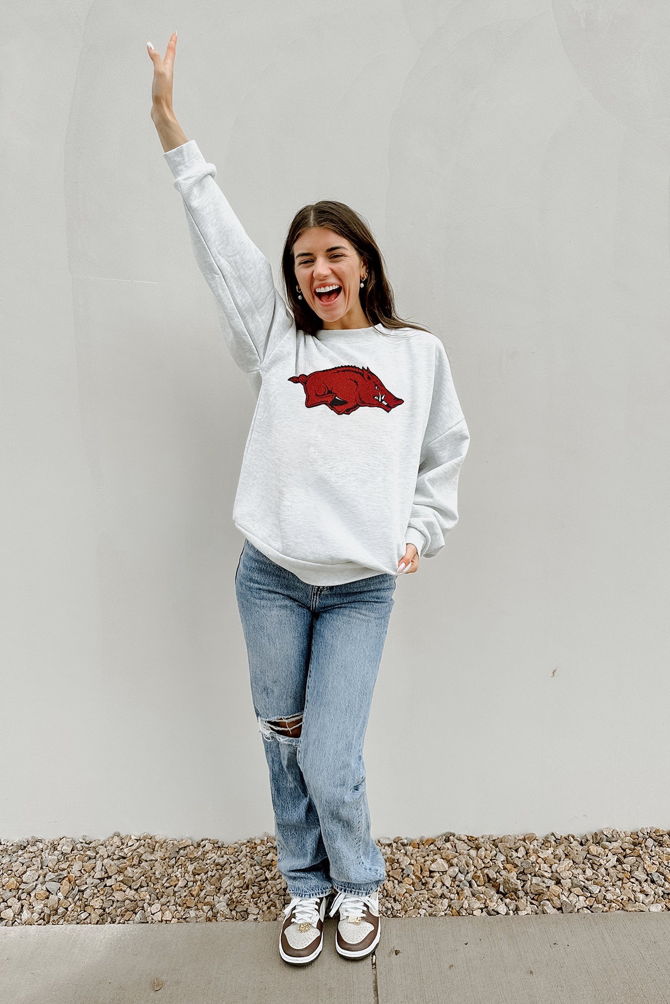 ARKANSAS RAZORBACKS TAILGATE QUEEN PREMIUM FLEECE DROP SHOULDER CREWNECK PULLOVER BY MADI PREWETT TROUTT