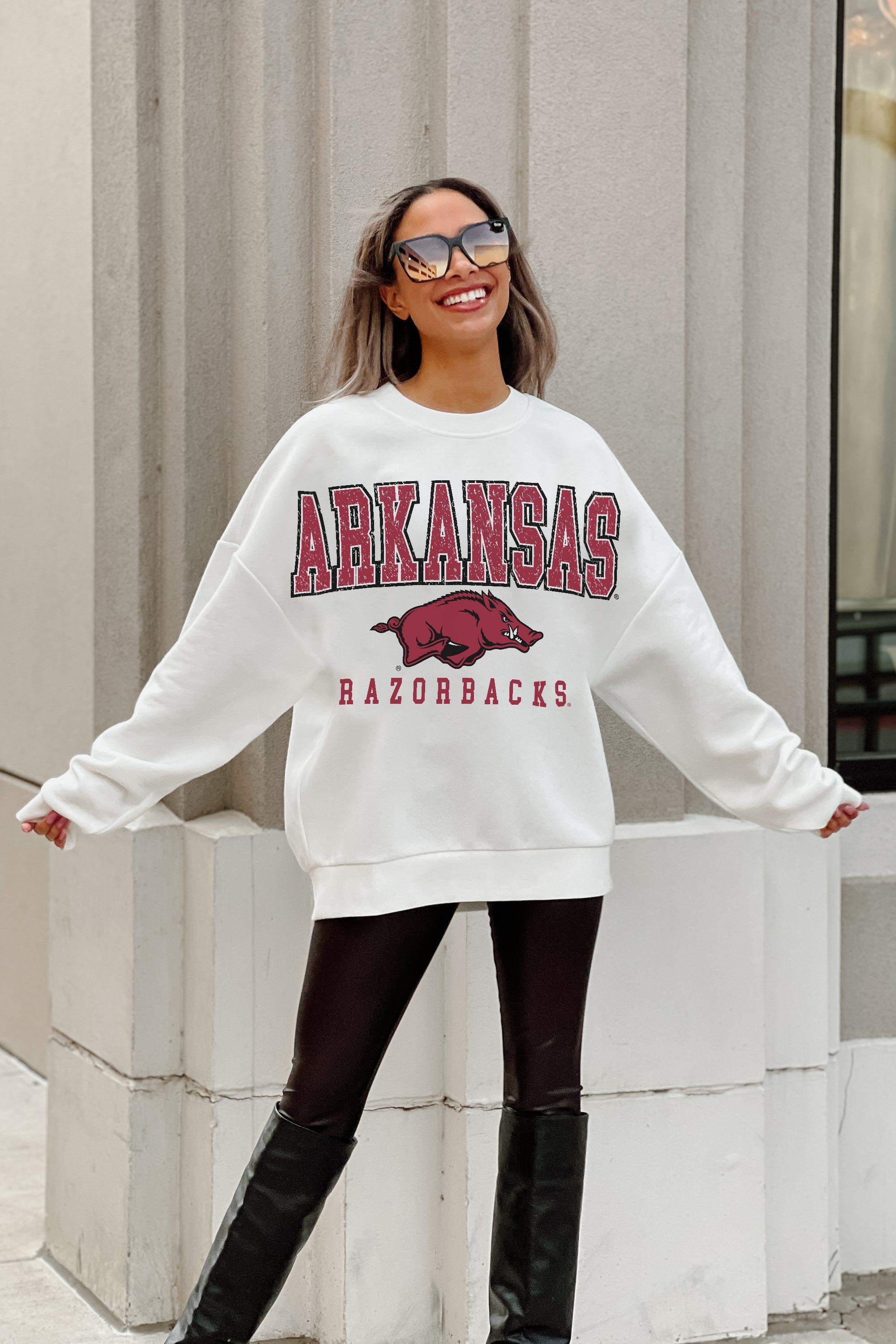 ARKANSAS RAZORBACKS FREESTYLE PREMIUM FLEECE DROP SHOULDER CREWNECK PULLOVER