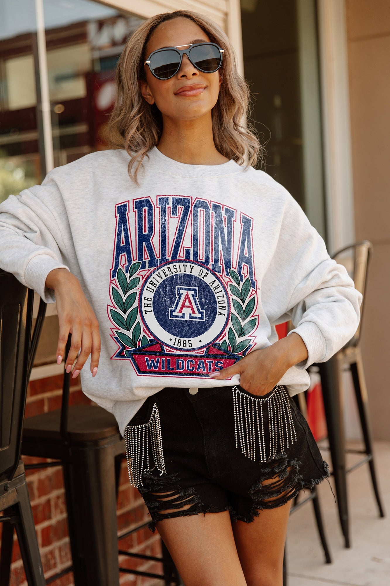 ARIZONA WILDCATS GO FIGHT WIN PREMIUM FLEECE DROP SHOULDER CREWNECK PULLOVER BY MADI PREWETT