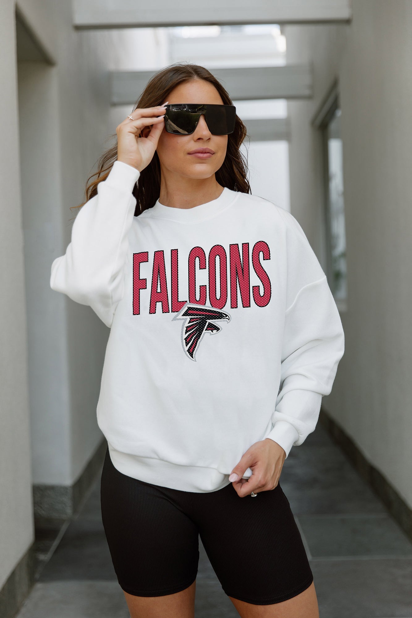 ATLANTA FALCONS JUST GO WITH IT PREMIUM FLEECE DROP SHOULDER CREWNECK PULLOVER