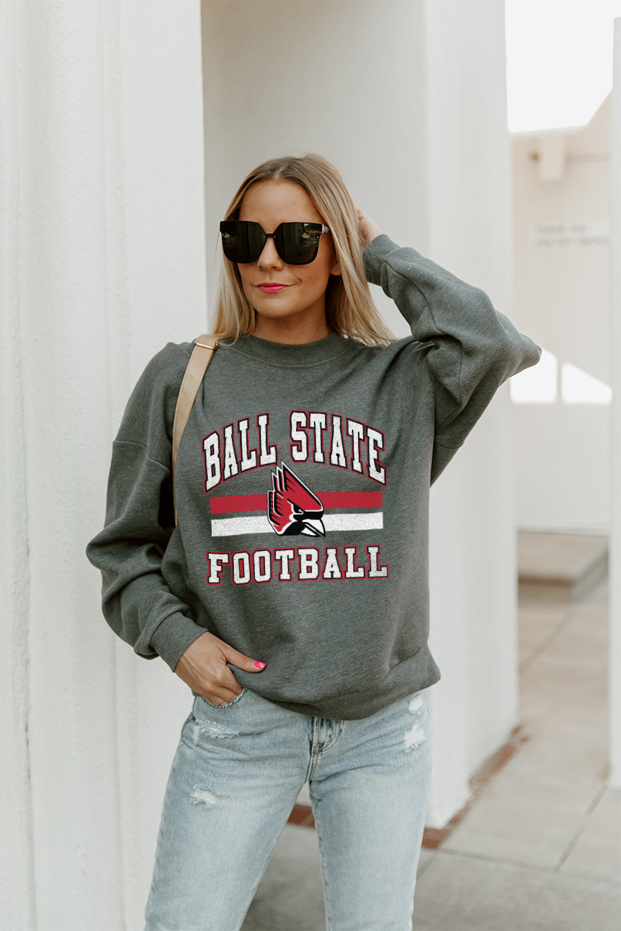 BALL STATE CARDINALS PLAYMAKER PREMIUM FLEECE DROP SHOULDER CREWNECK PULLOVER