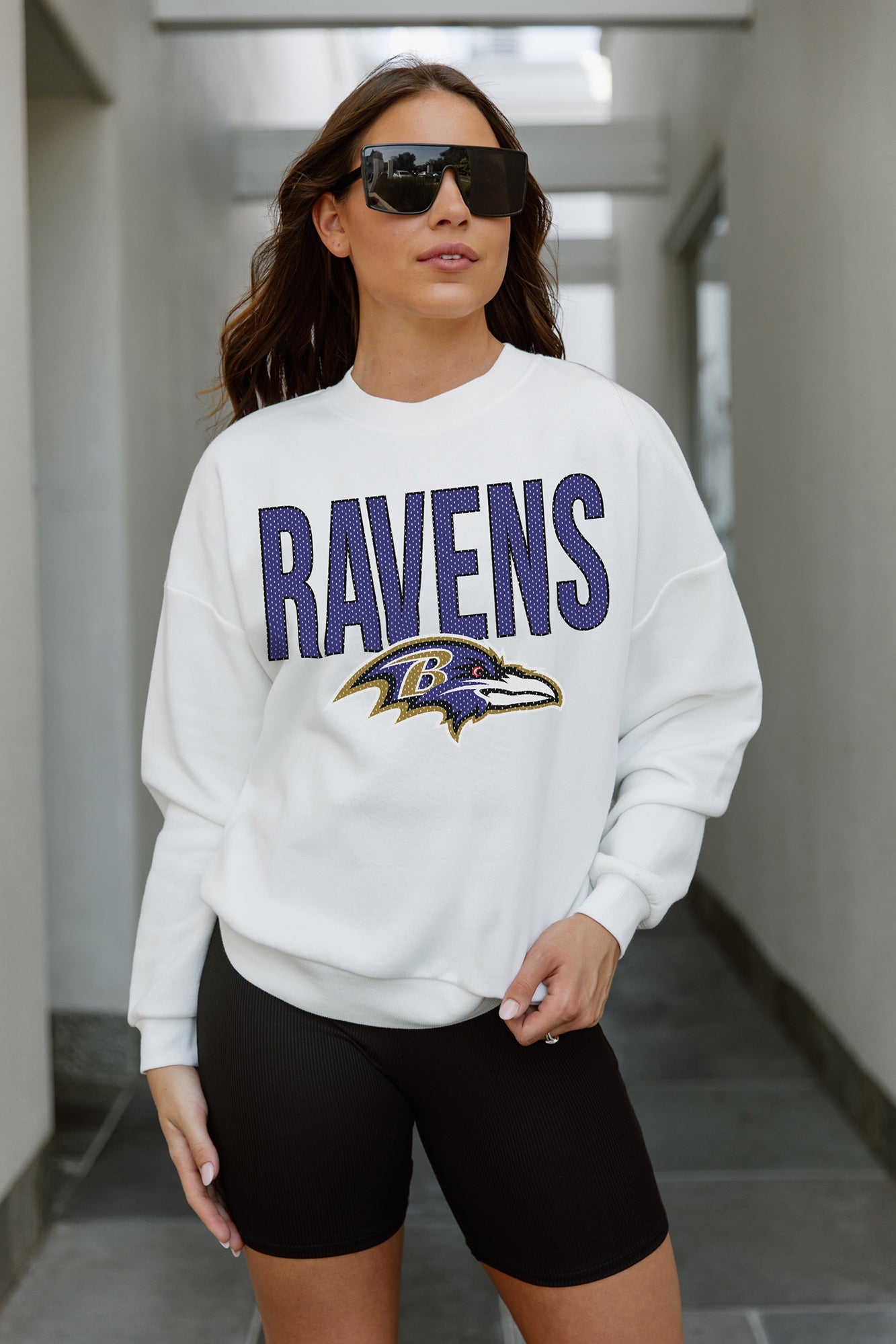 BALTIMORE RAVENS JUST GO WITH IT PREMIUM FLEECE DROP SHOULDER CREWNECK PULLOVER