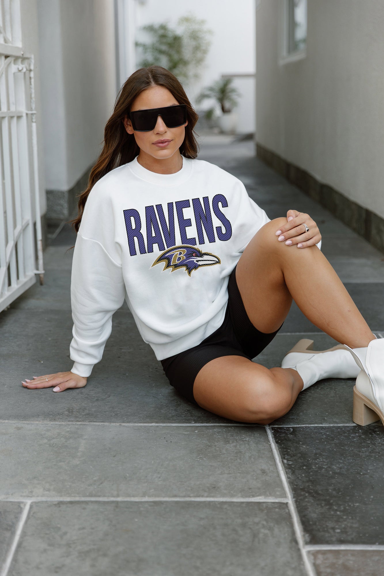 BALTIMORE RAVENS JUST GO WITH IT PREMIUM FLEECE DROP SHOULDER CREWNECK PULLOVER