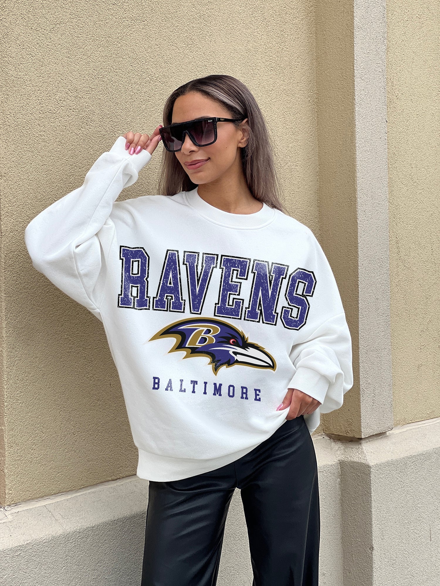 BALTIMORE RAVENS SUNDAY DRIVES PREMIUM FLEECE DROP SHOULDER CREWNECK PULLOVER