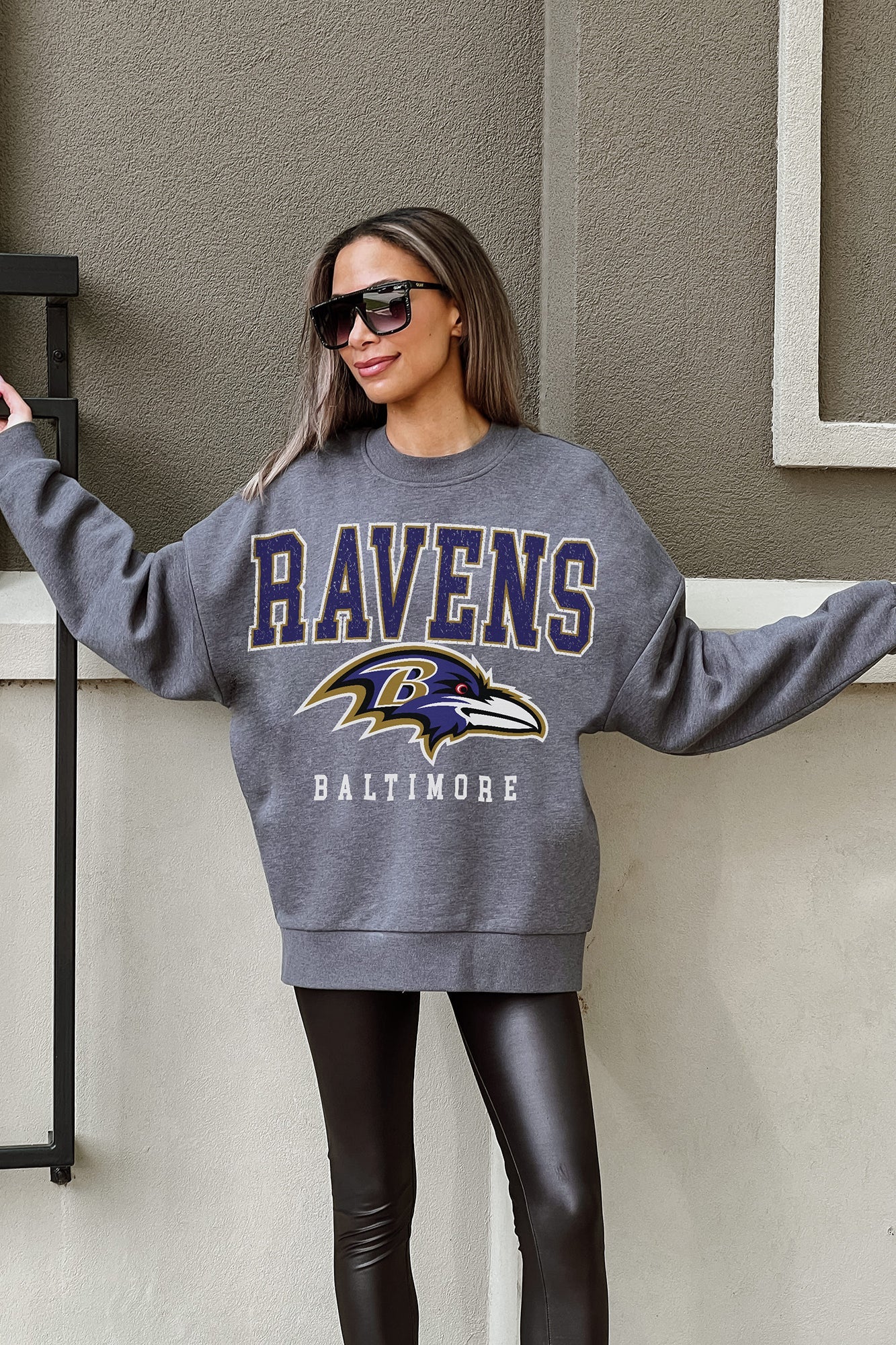 BALTIMORE RAVENS BRING THE ENERGY PREMIUM FLEECE DROP SHOULDER CREWNECK PULLOVER