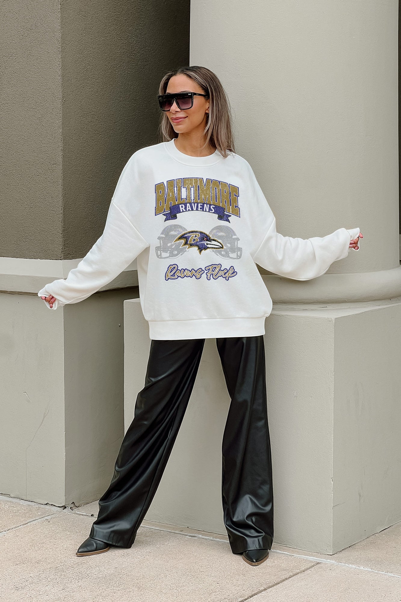 BALTIMORE RAVENS PASSING TIME PREMIUM FLEECE DROP SHOULDER CREWNECK PULLOVER